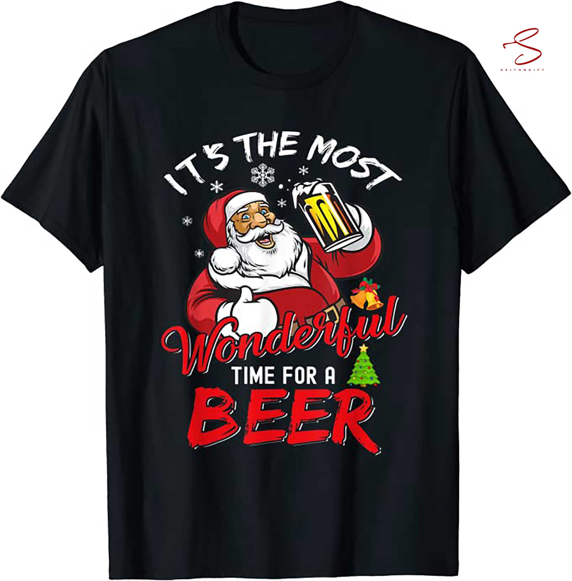 Skitongift Funny Christmas Santa Claus Drinking Beer Wonderful Time T Shirt