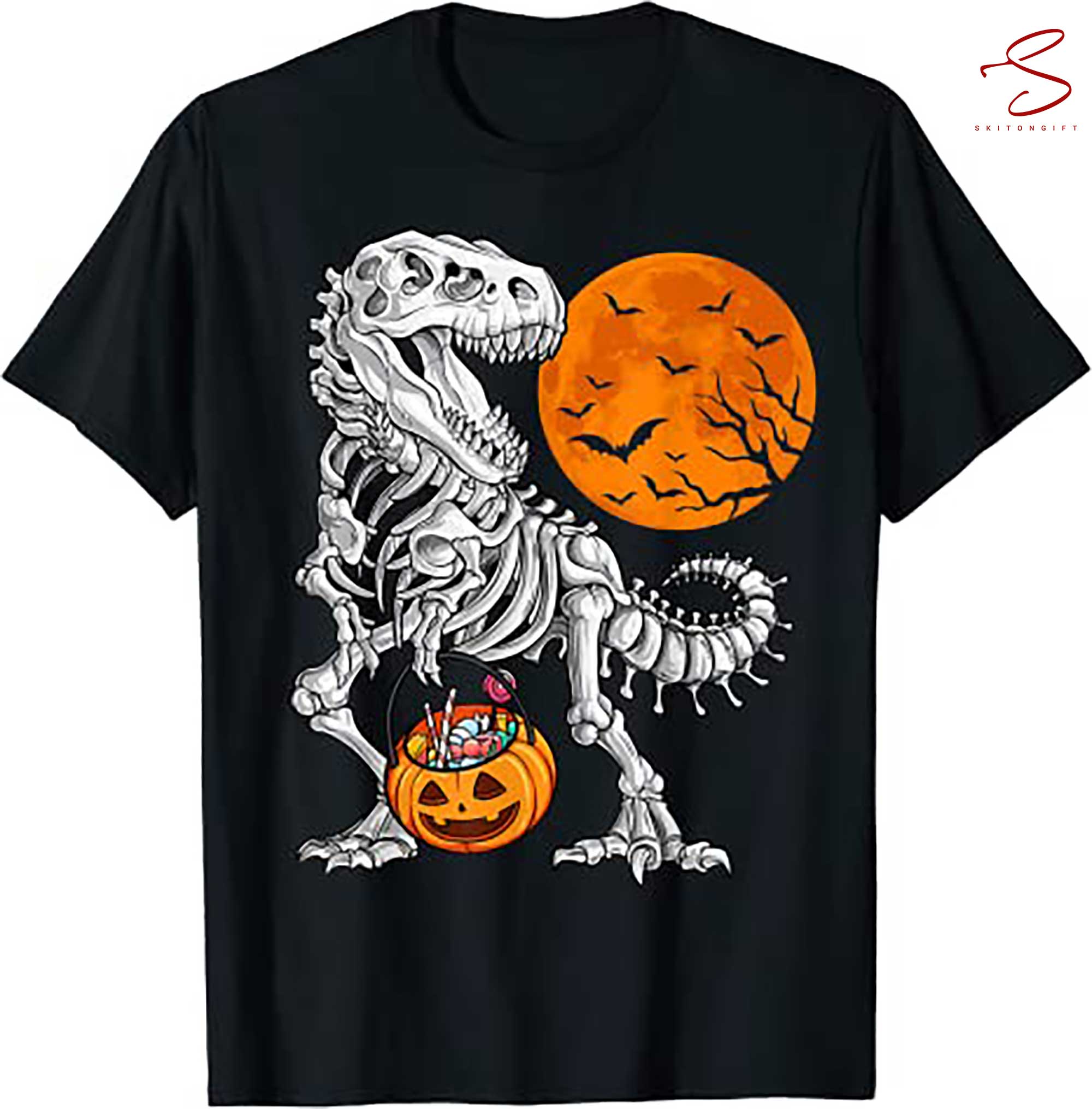 Skitongift Halloween Boys Dinosaur Skeleton T Rex Scary Pumpkin Moon T Shirt