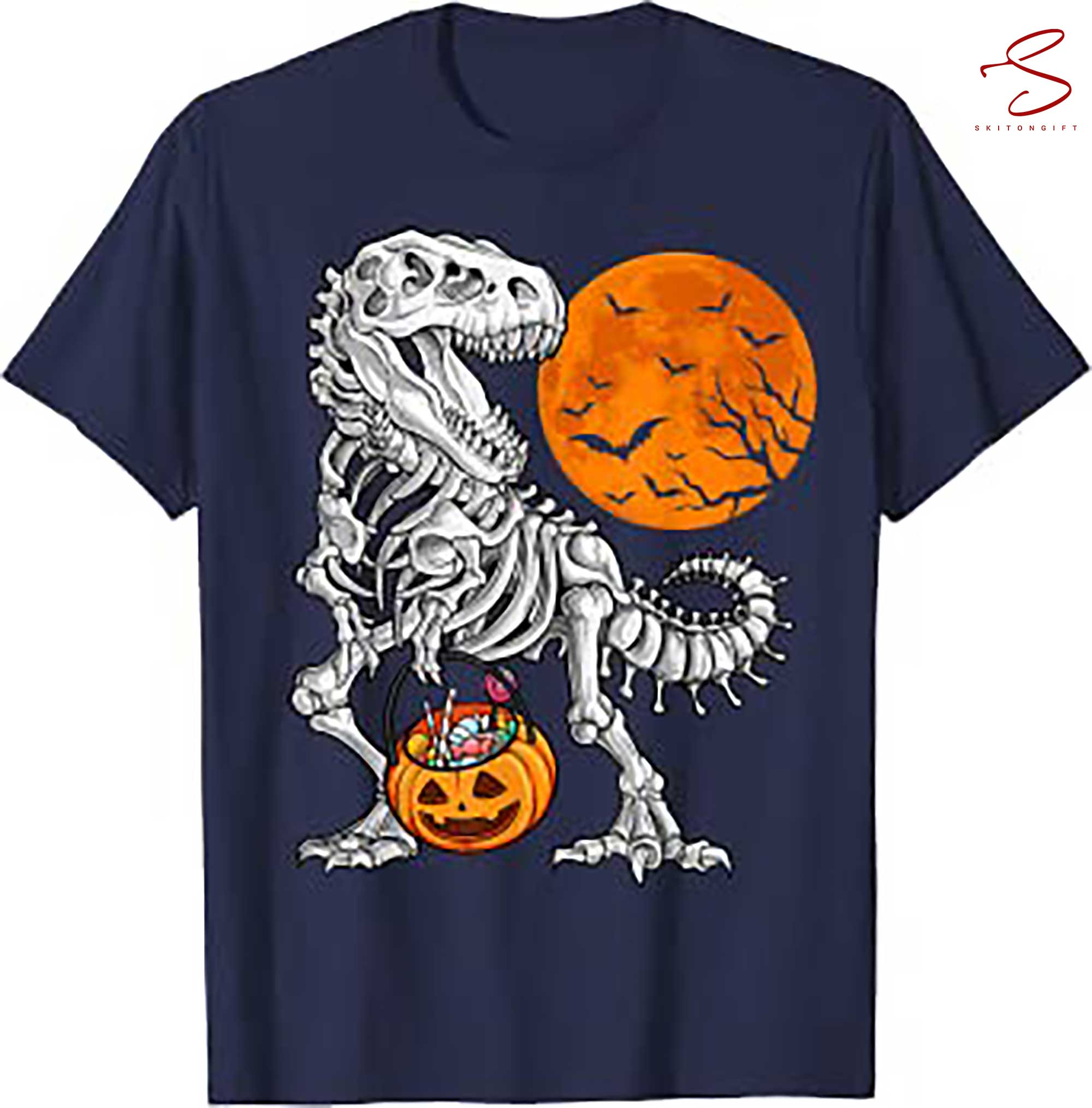 Skitongift Halloween Boys Dinosaur Skeleton T Rex Scary Pumpkin Moon T Shirt, gifts for Dad Mom,Gifts for Him, Her, Gifts for Dad Mom