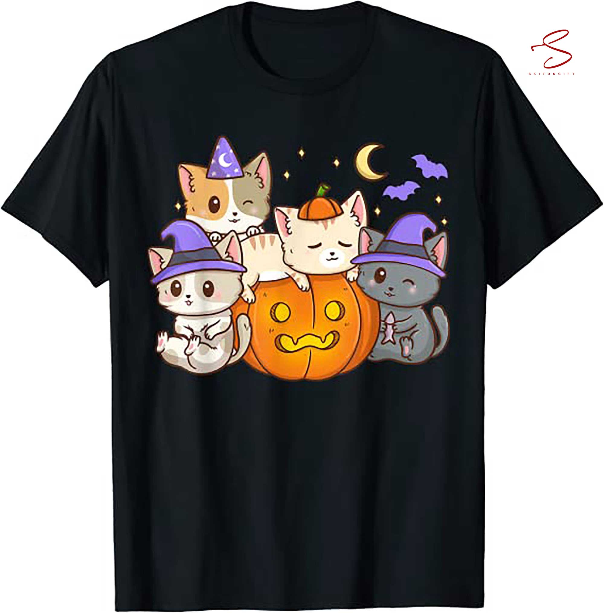 Skitongift Halloween Cats Anime Cat Kawaii Pumpkin Cat Lover Witch T Shirt