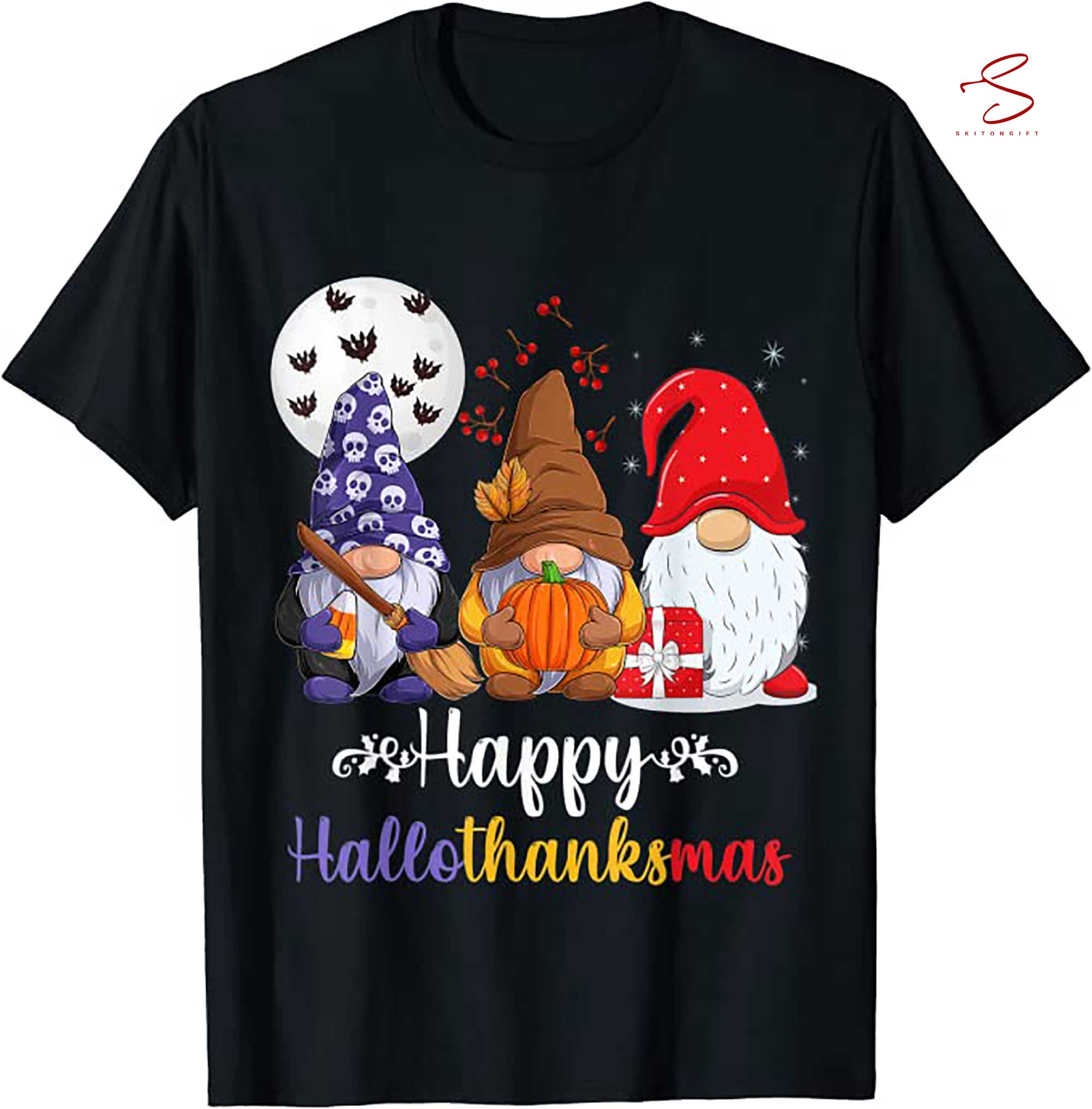Skitongift Halloween Thanksgiving Christmas Happy Hallothanksmas Gnomes T Shirt