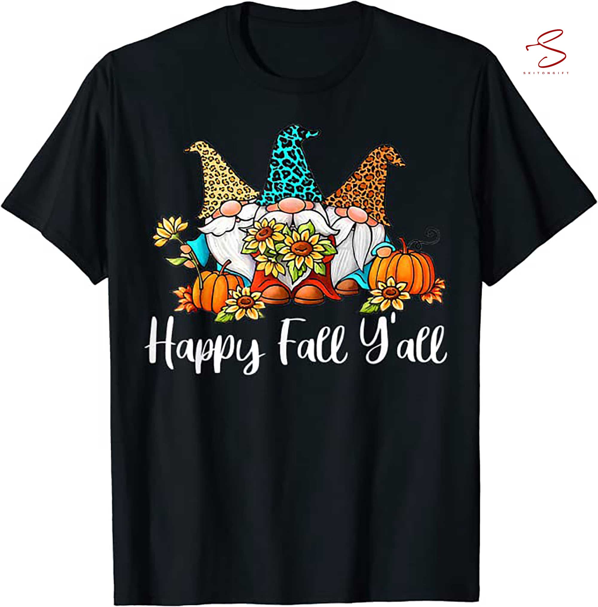 Skitongift Happy Fall YAll T Shirt Gnome Leopard Pumpkin Autumn Gnomes T Shirt