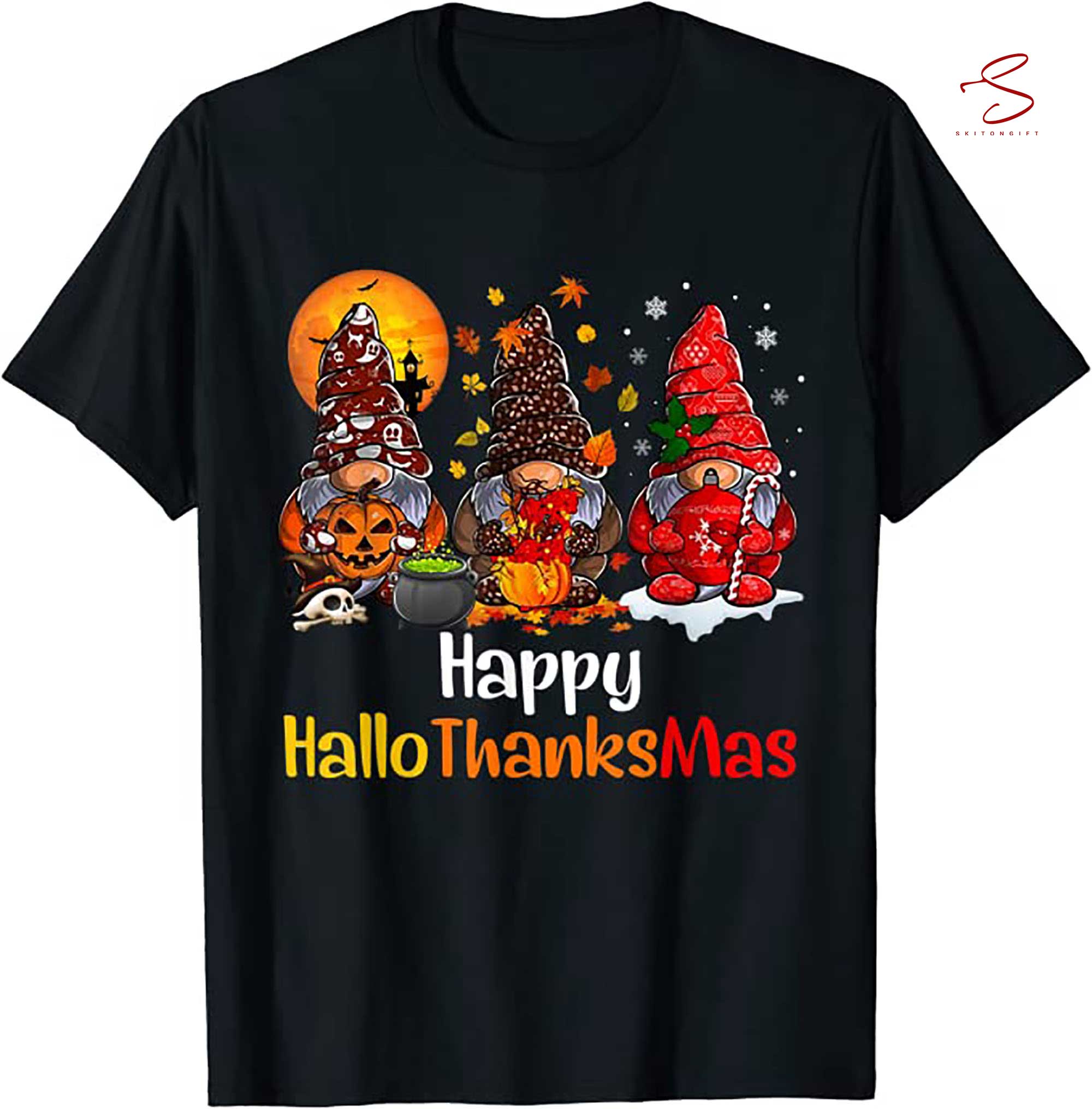 Skitongift Happy Hallothanksmas Gnomes Halloween Thanksgiving Christmas T Shirt
