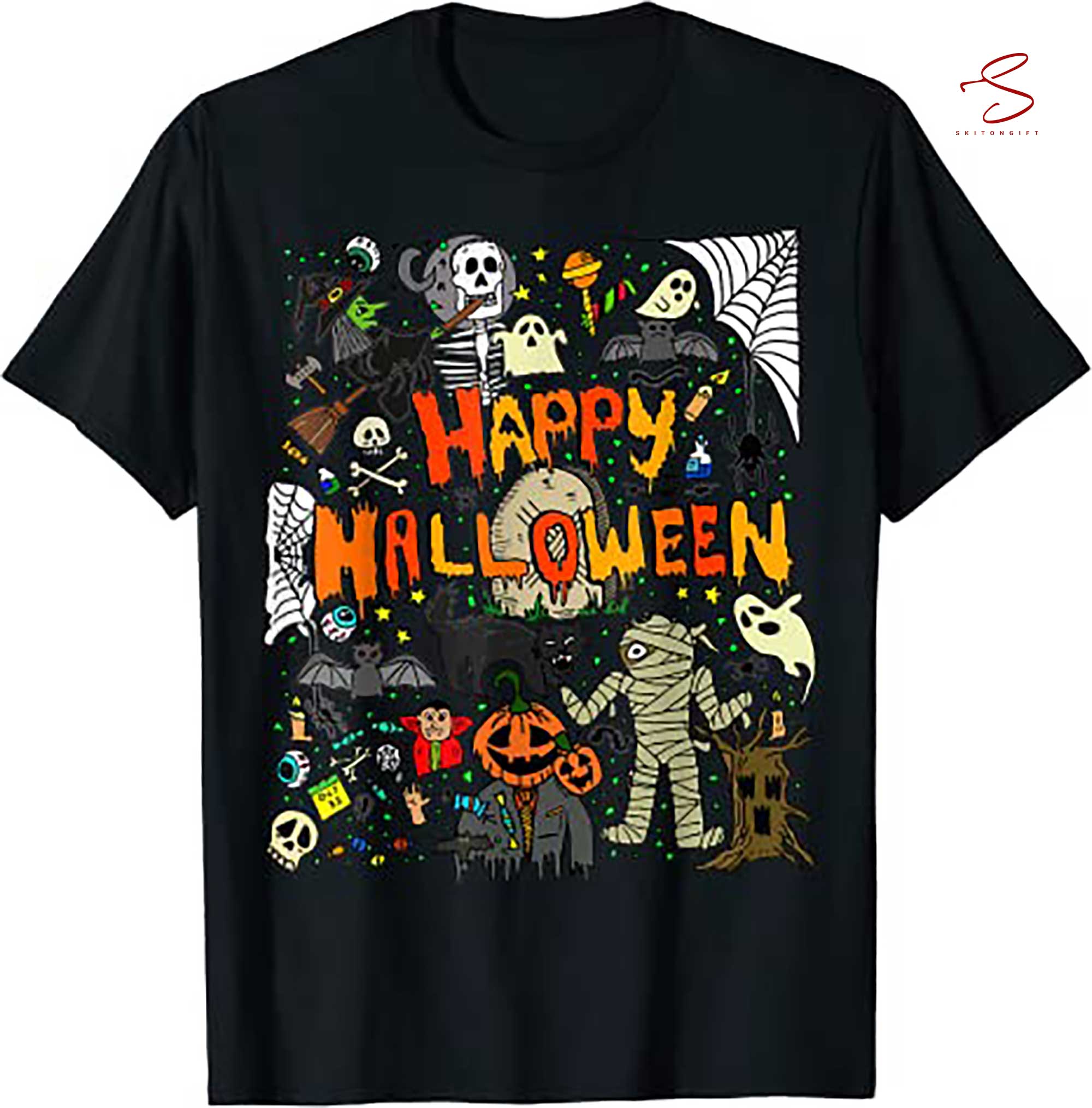 Skitongift Happy Halloween Scary Retro Boys Girls Kids T Shirt