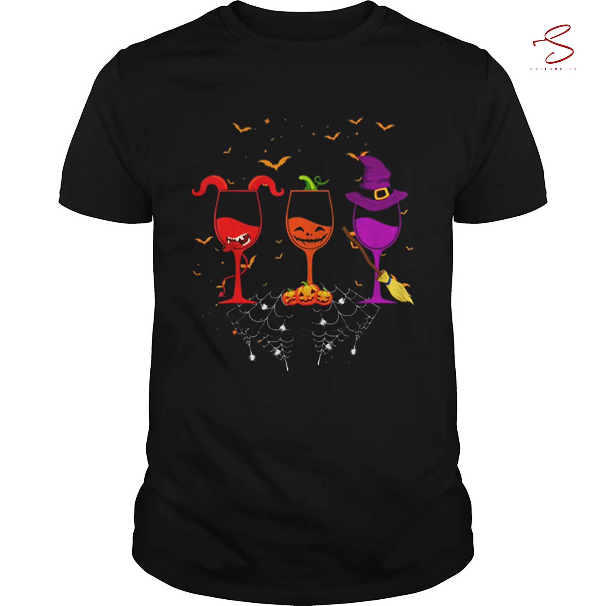 Skitongift Hot Three Wine Glasses Funny Halloween T Shirt