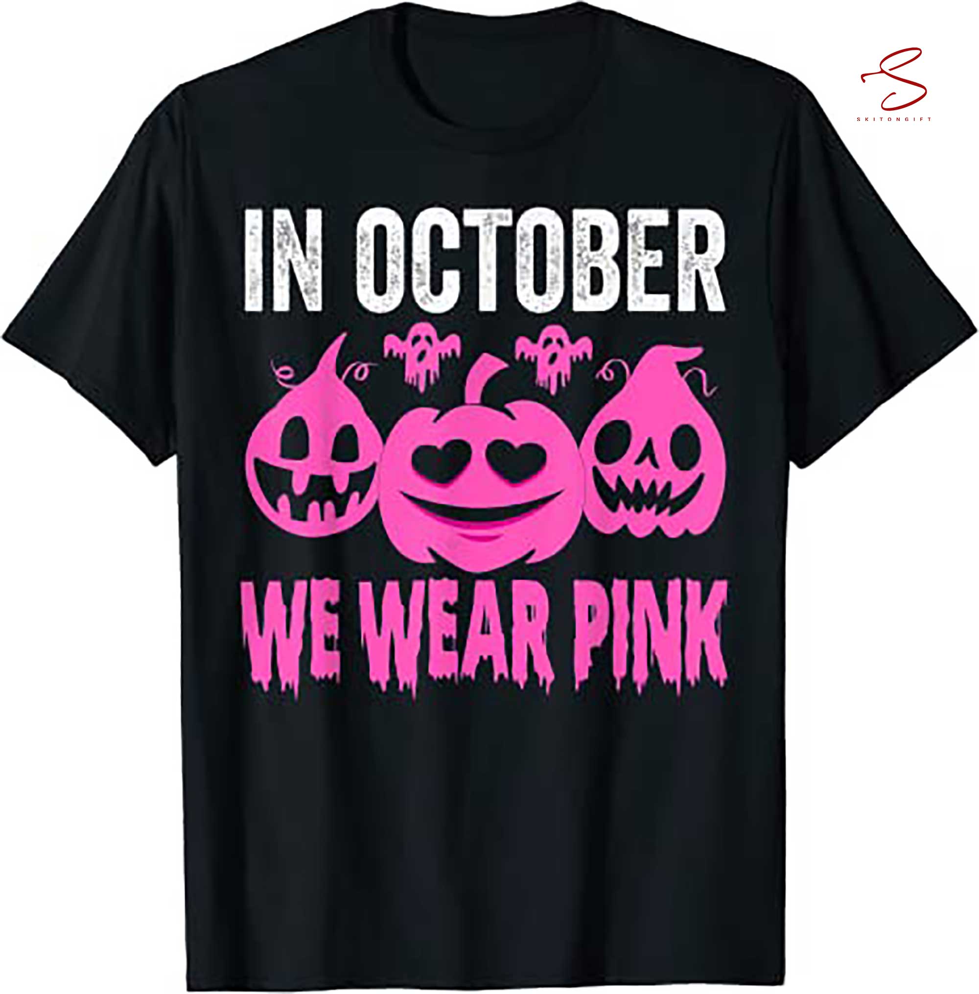 Skitongift In October We Wear Pink Breast Cancer Pumpkin Halloween T Shirt