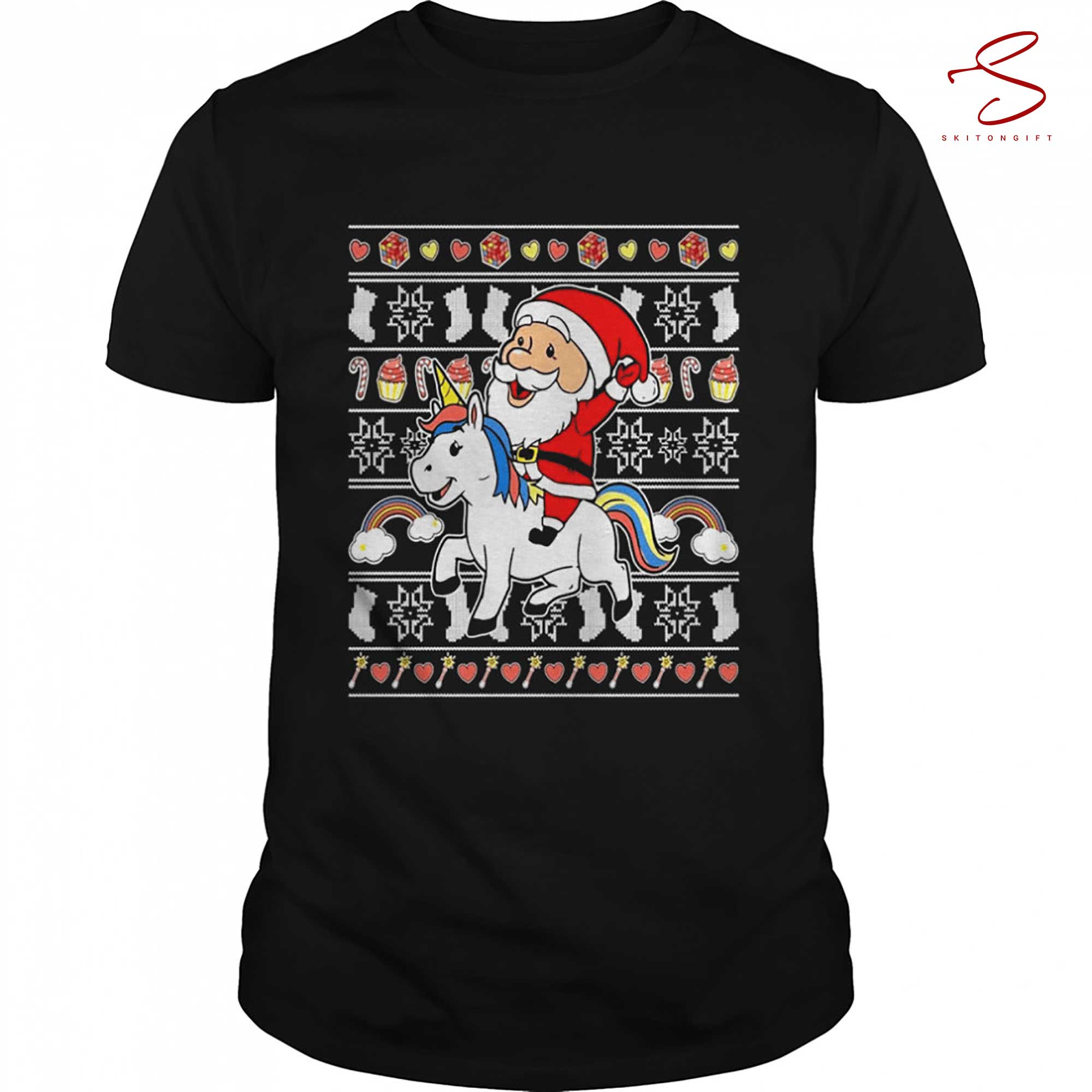 Skitongift Kids Santa Claus Riding Unicorn Ugly Christmas Shirt