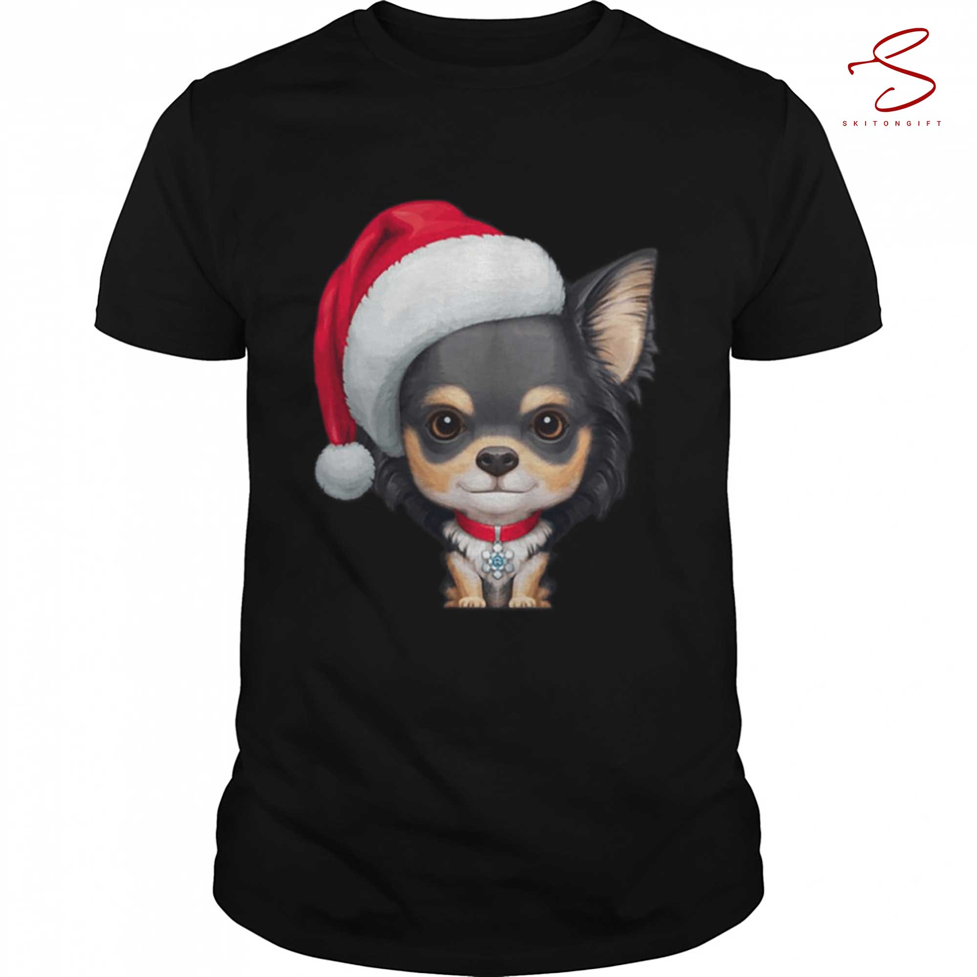 Skitongift Long Coat Tricolor Chihuahua Dog Wearing Santa Hat Shirt