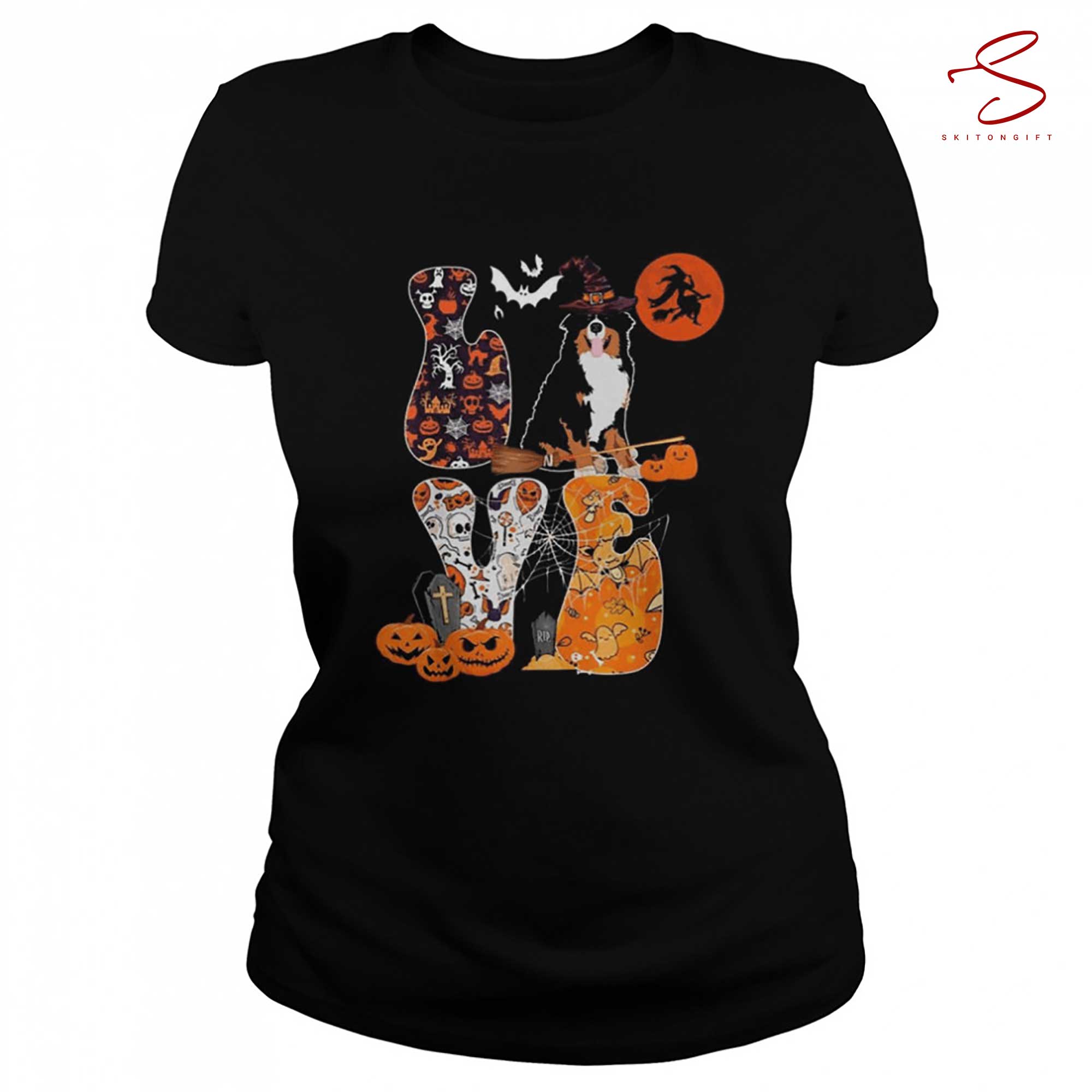 Skitongift Love Halloween Bernedoodle Costume Witch Horror Pumpkins Funny Halloween T Shirt