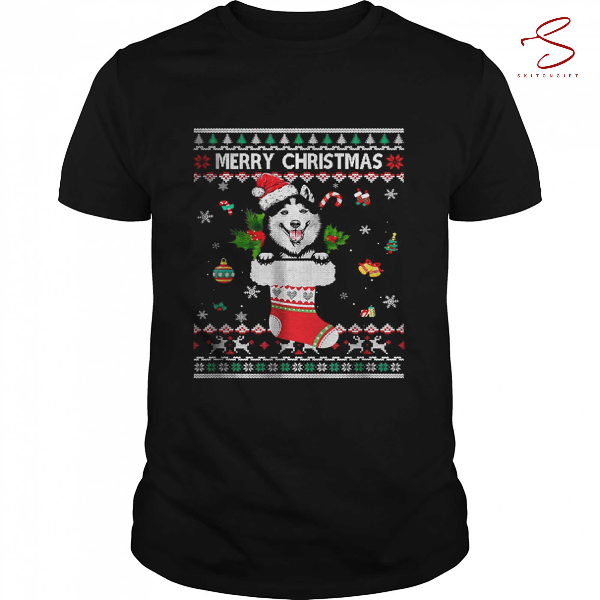 Skitongift Merry Christmas Siberian Husky Xmas T Shirt