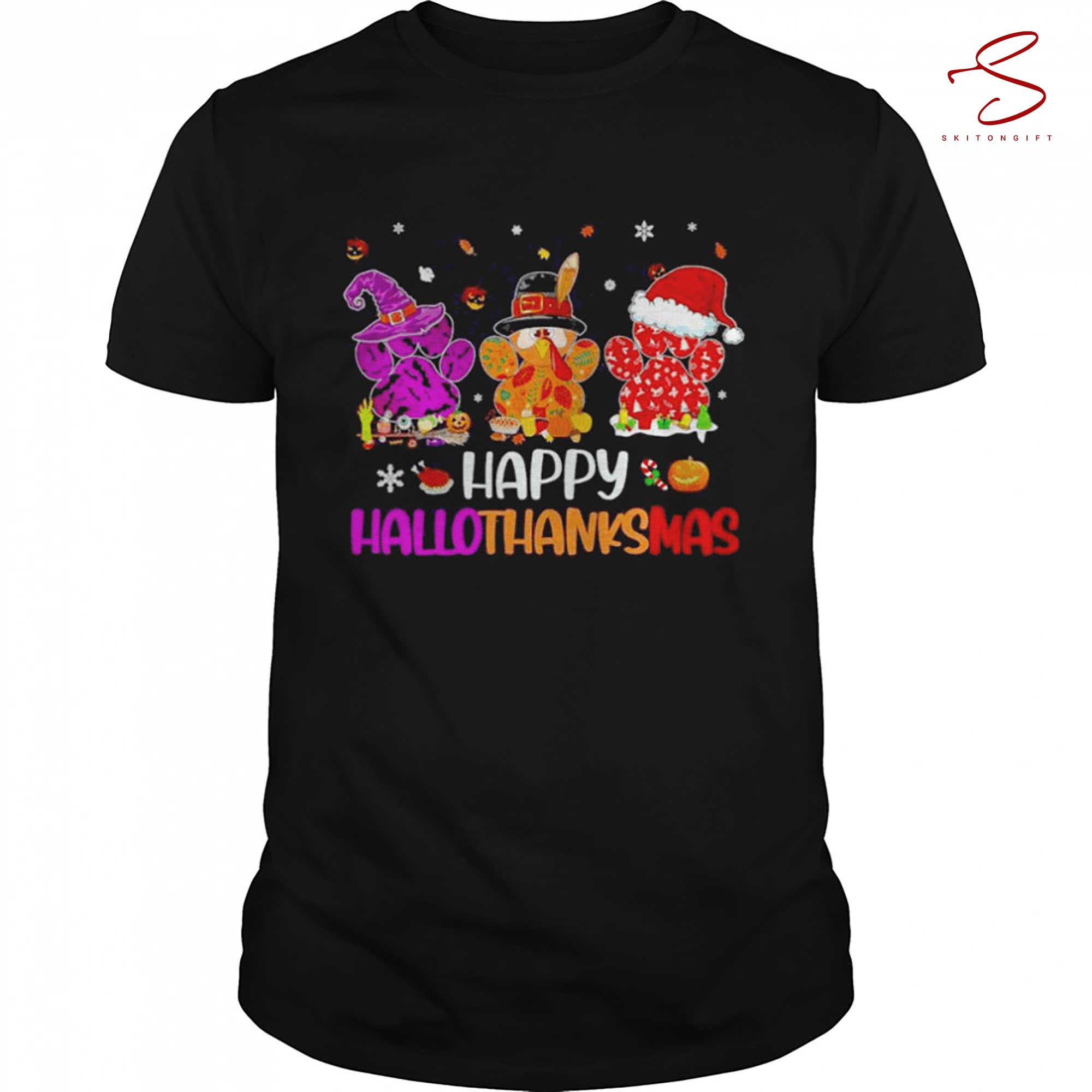 Skitongift Paw Prints Happy Hallothanksmas Halloween Thanksgiving Christmas Dog Happy Halloween T Shirt