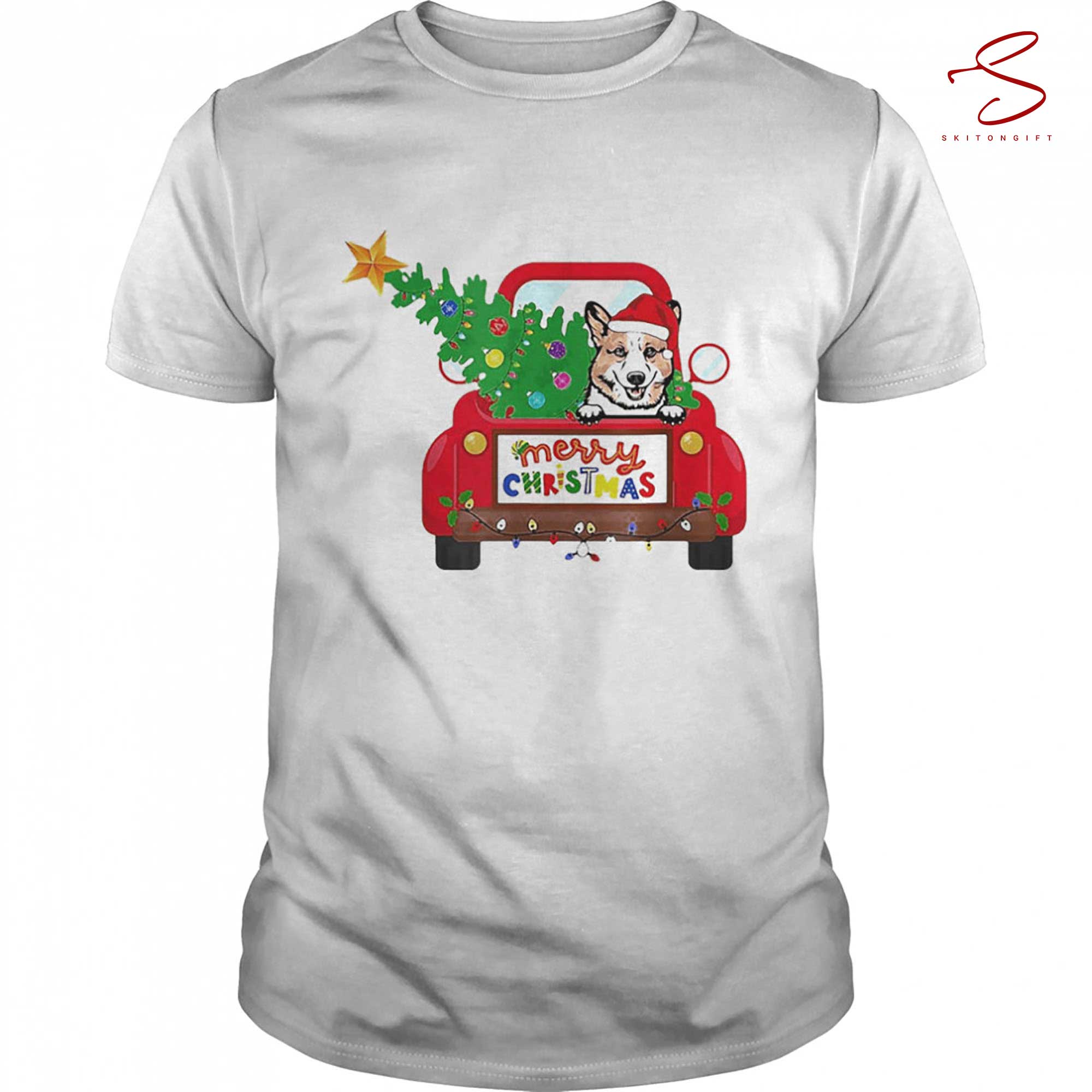 Skitongift Pembroke Welsh Dog Riding Red Truck Christmas T Shirt