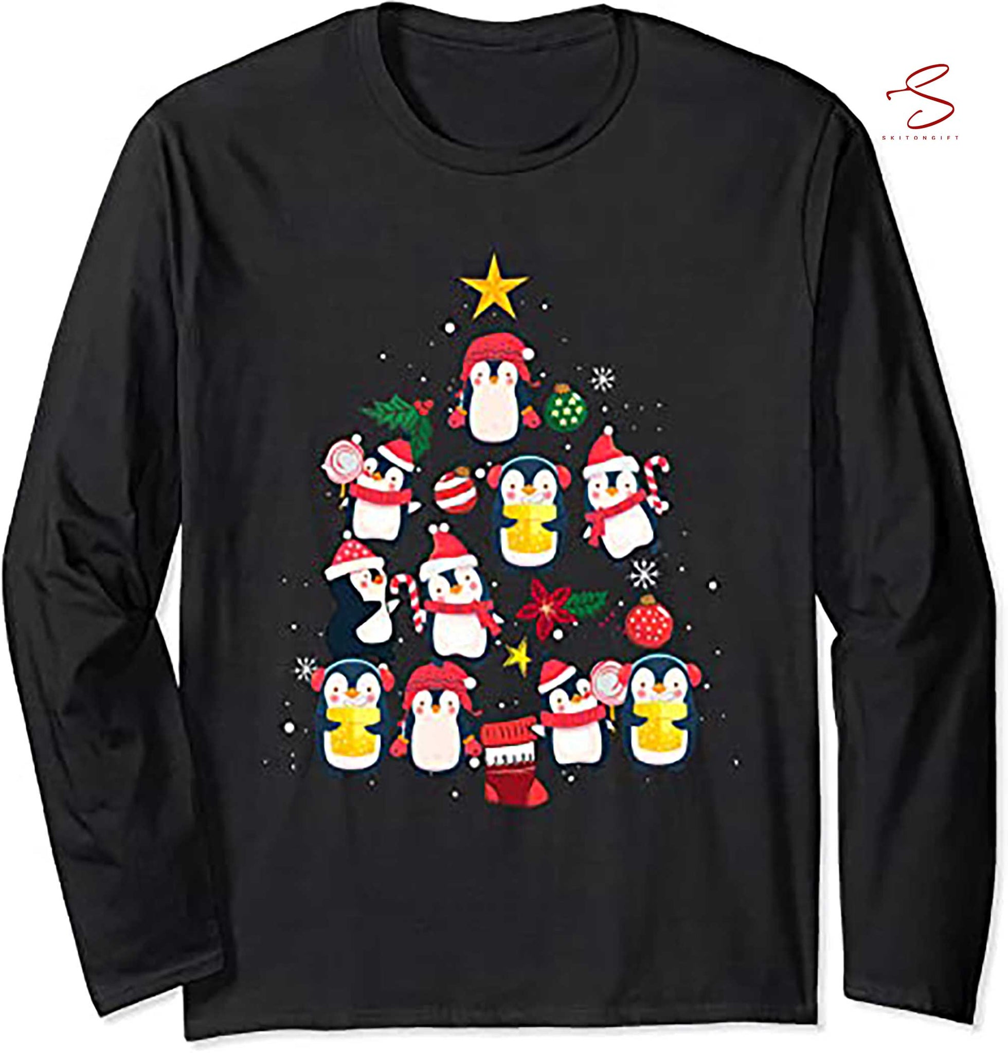 Skitongift Penguin Christmas Tree Santa Hat Ornaments Decor Funny Xmas Long Sleeve T Shirt