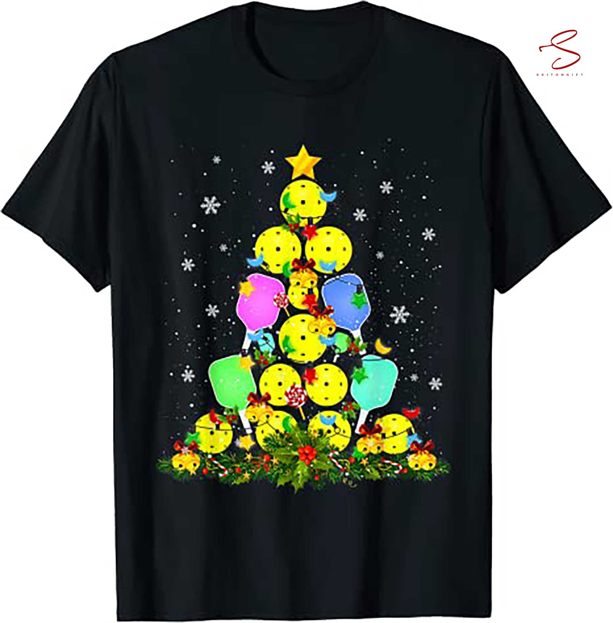 Skitongift Pickleball Christmas Tree Santa Pickleball X Mas Lights T Shirt