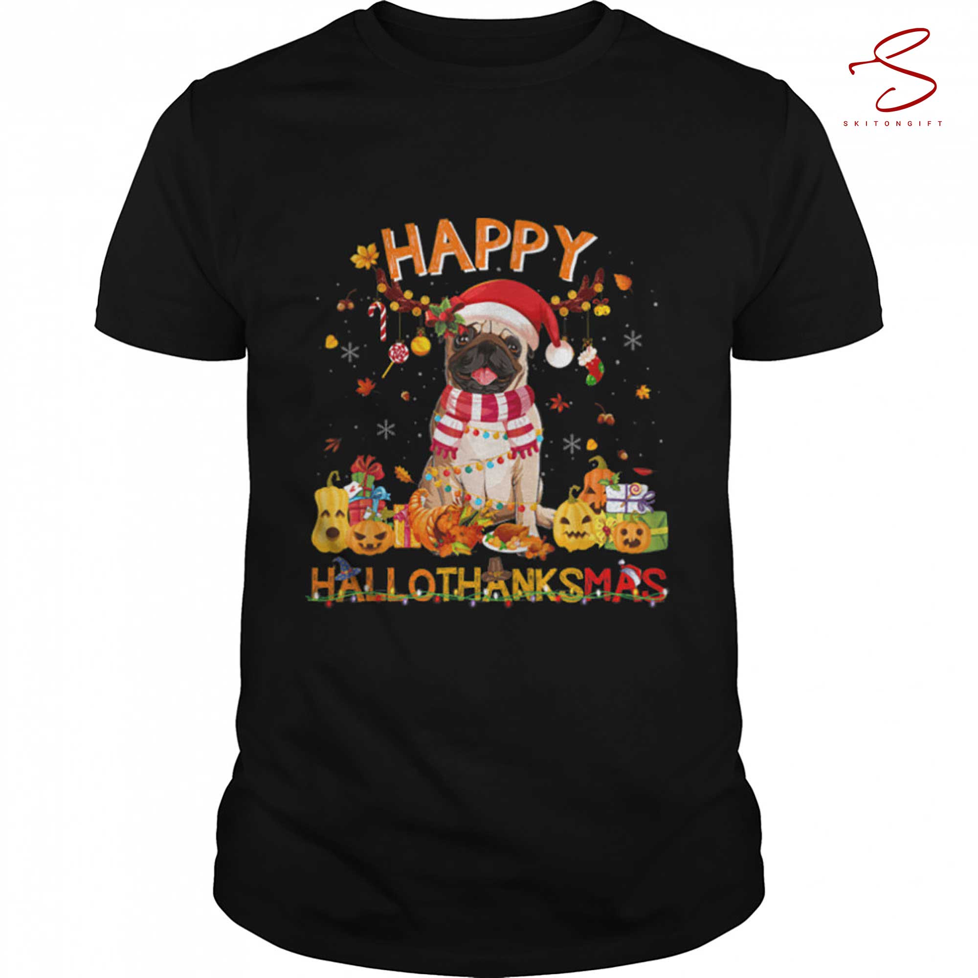 Skitongift Pomeranian Halloween Thanksgiving Christmas Hallothanksmas T Shirt
