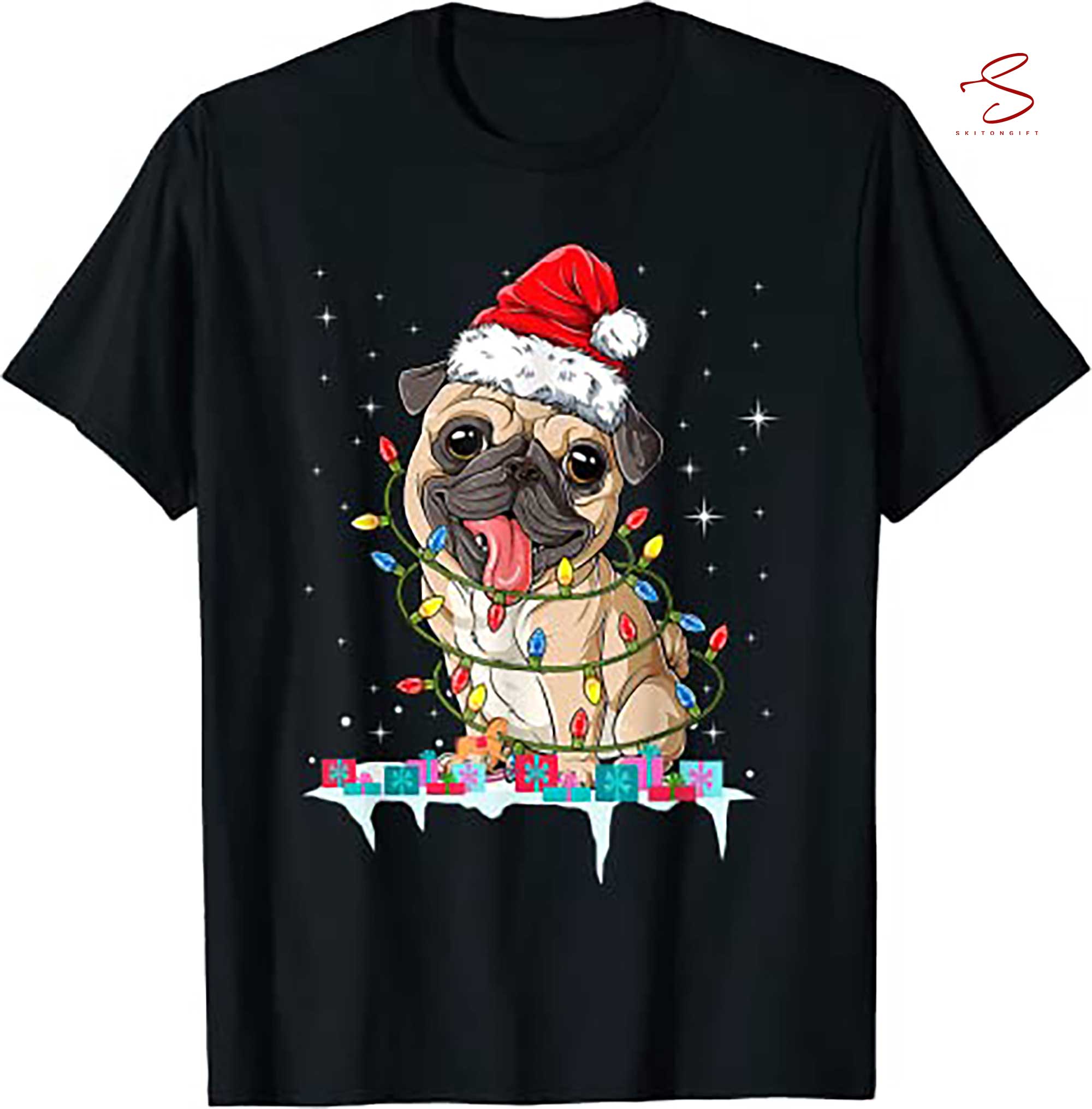 Skitongift Pug Christmas Tree Lights Santa Dog Xmas Gifts Boys Pugmas T Shirt