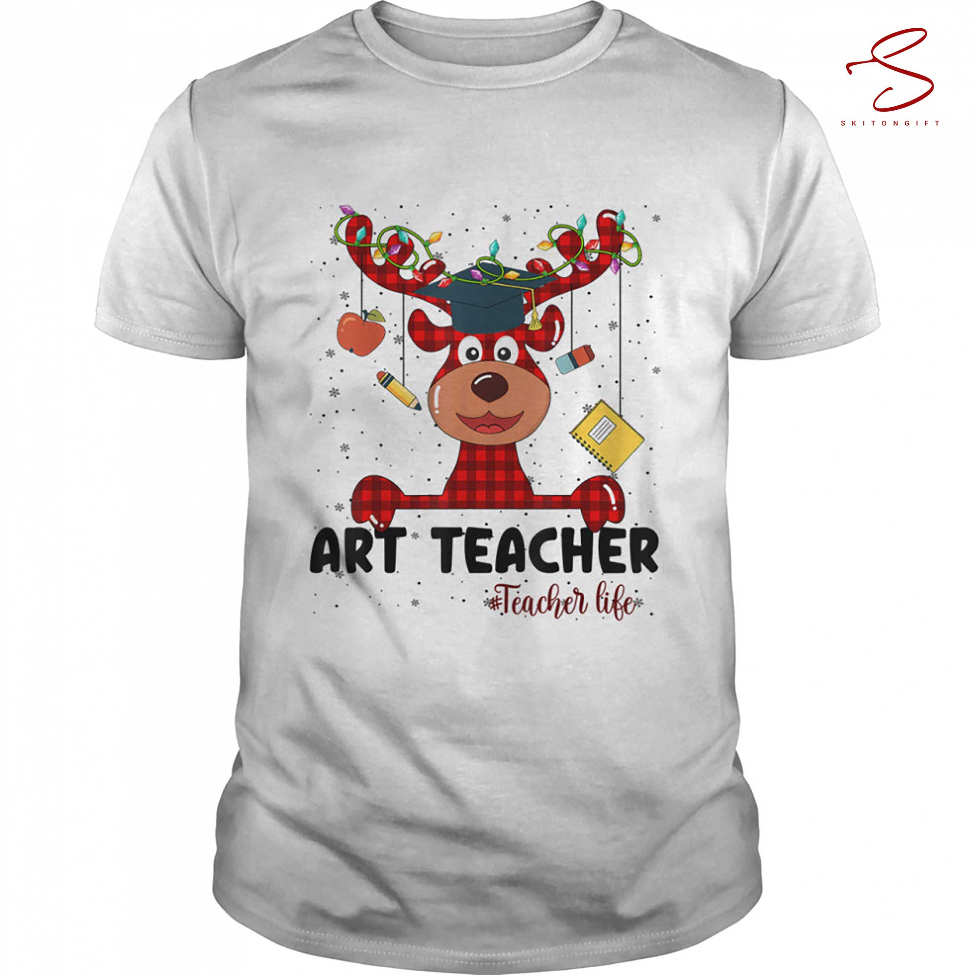 Skitongift Red Plaid Art Teacher Life Reindeer Teacher Christmas T Shirt