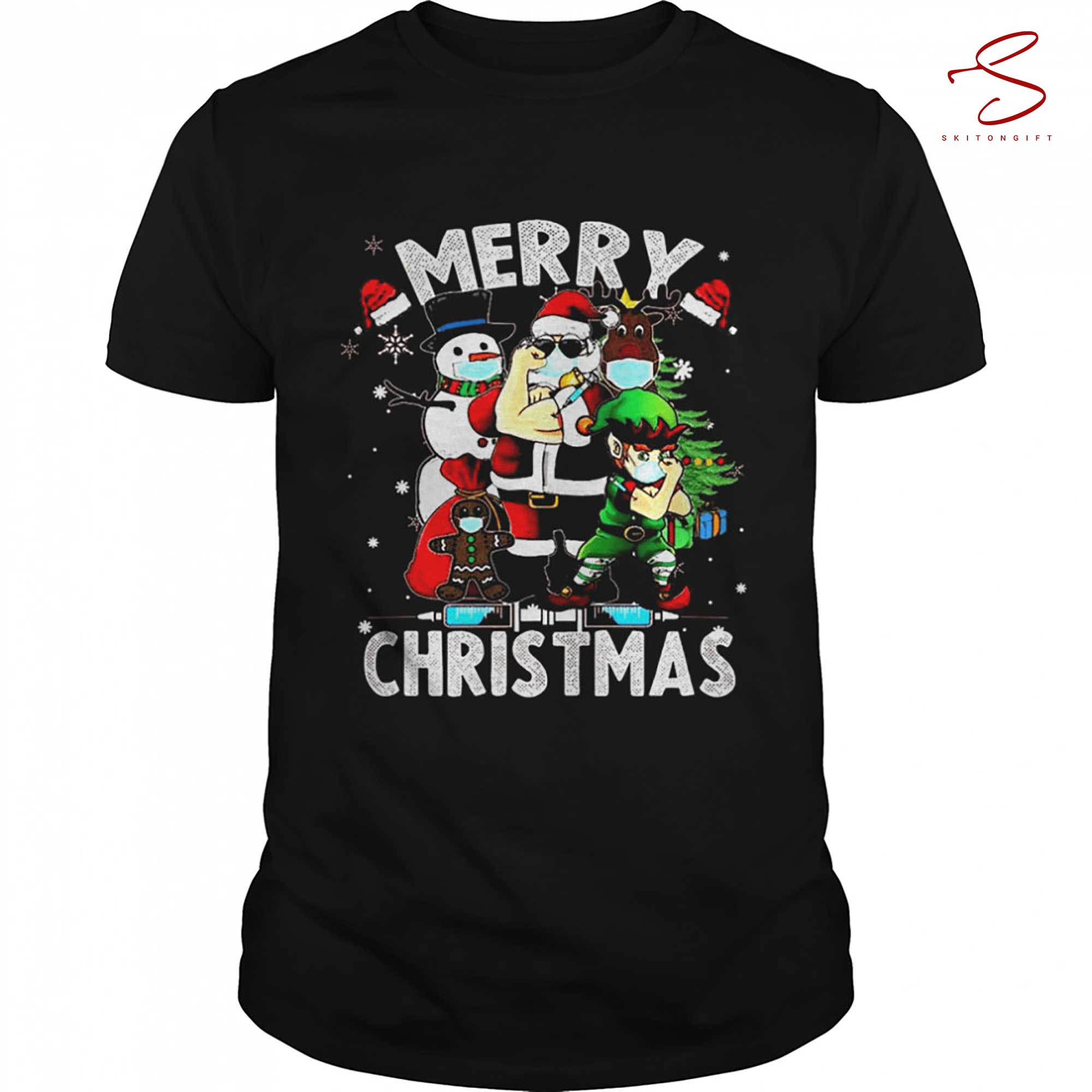 Skitongift Santa Claus Elf Snowman Vaccine Merry Christmas Shirt
