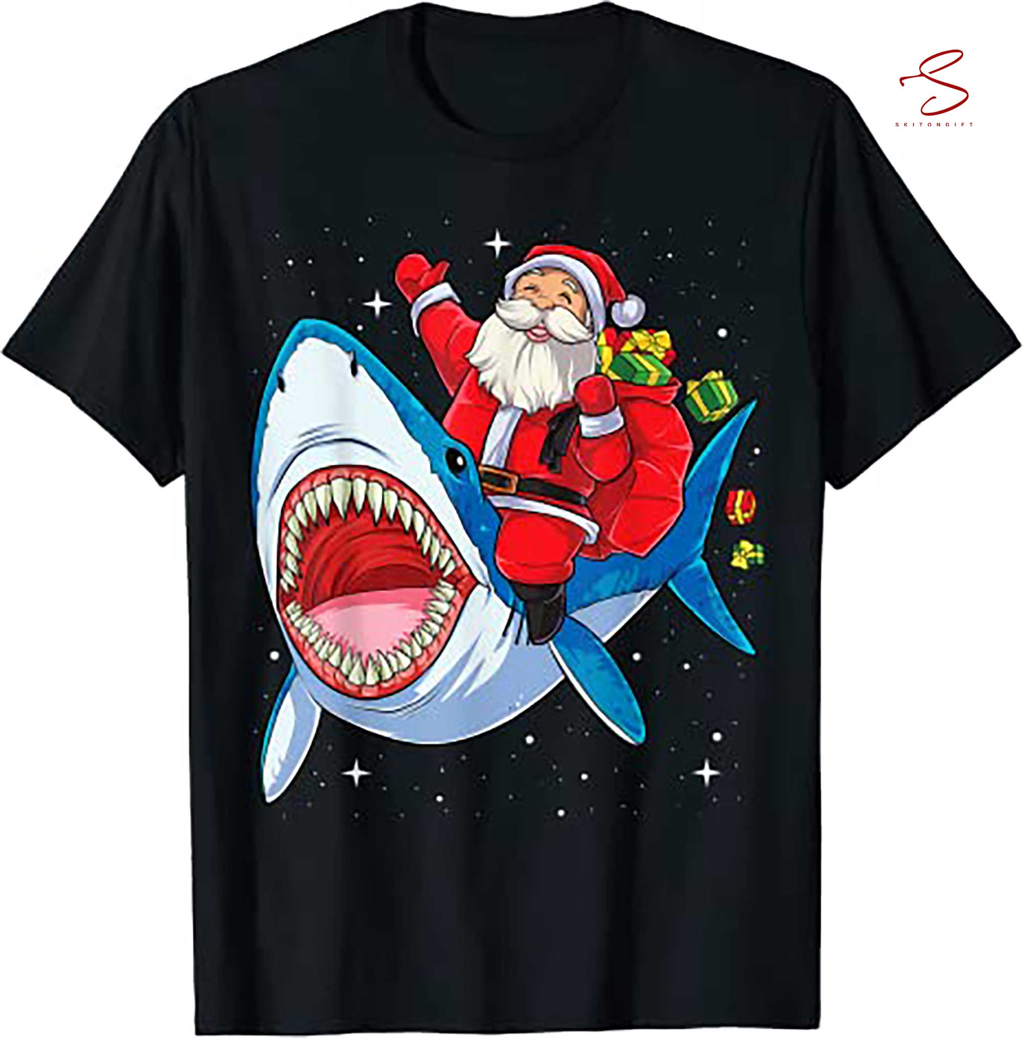 Skitongift Santa Riding Shark Christmas Boys Merry Sharkmas Xmas T Shirt