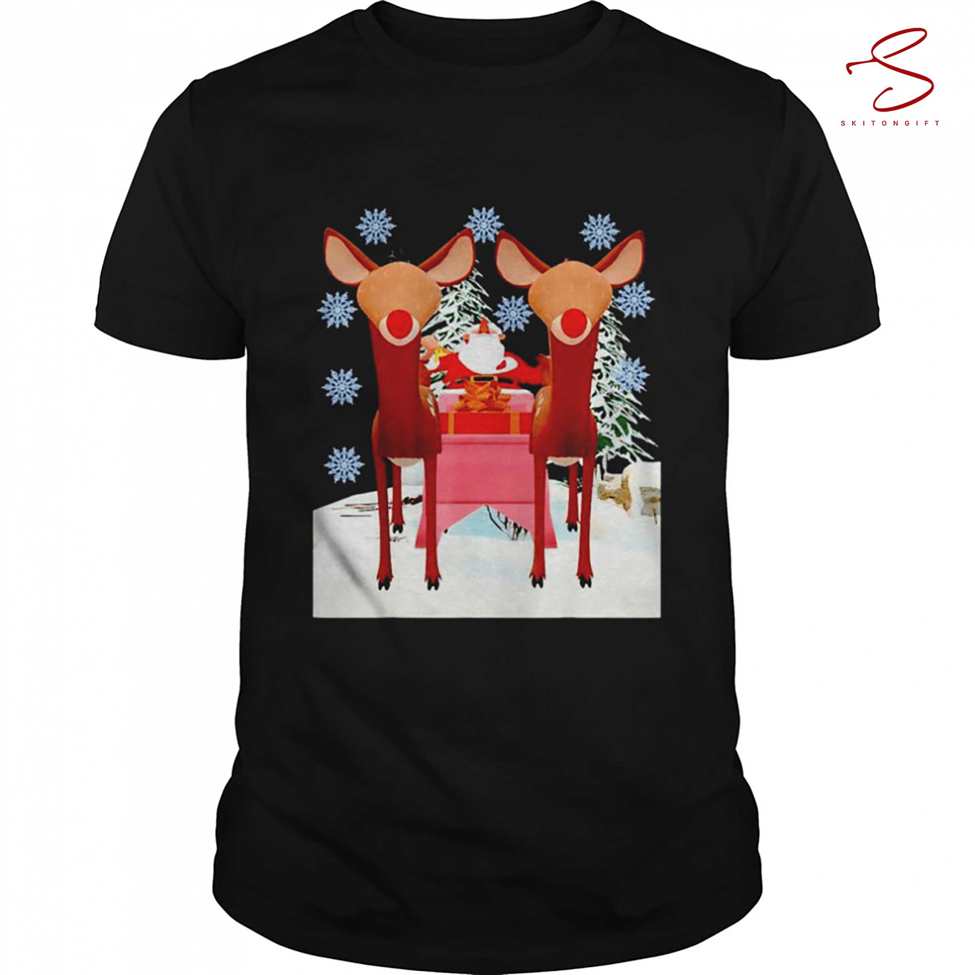 Skitongift Santa With Two Red Nosed Reindeers Christmas Shirt