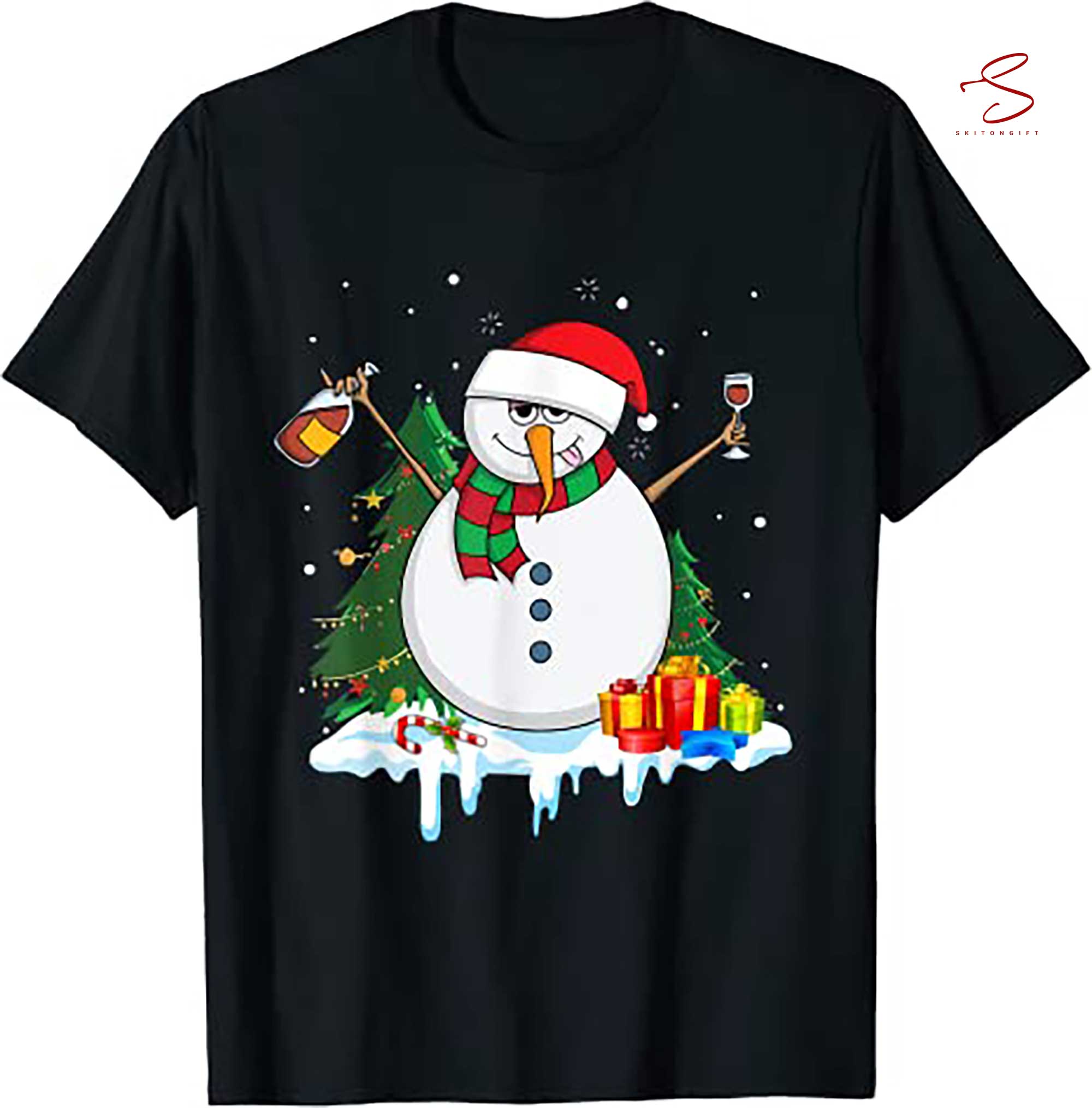 Skitongift Snowman Wine Christmas Funny Drinking Wine Lover Xmas Gifts T Shirt