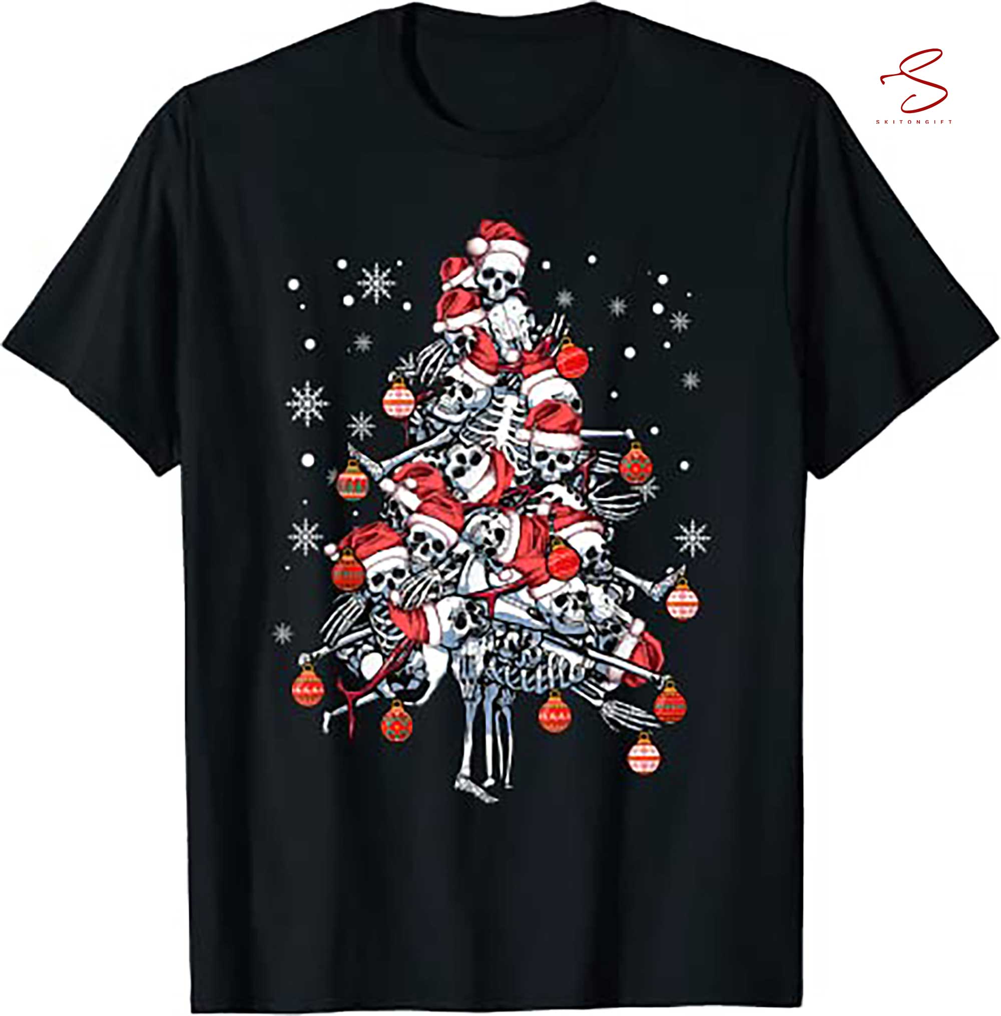 Skitongift Sugar Skull Santa Hat Christmas Tree Funny Xmas T Shirt
