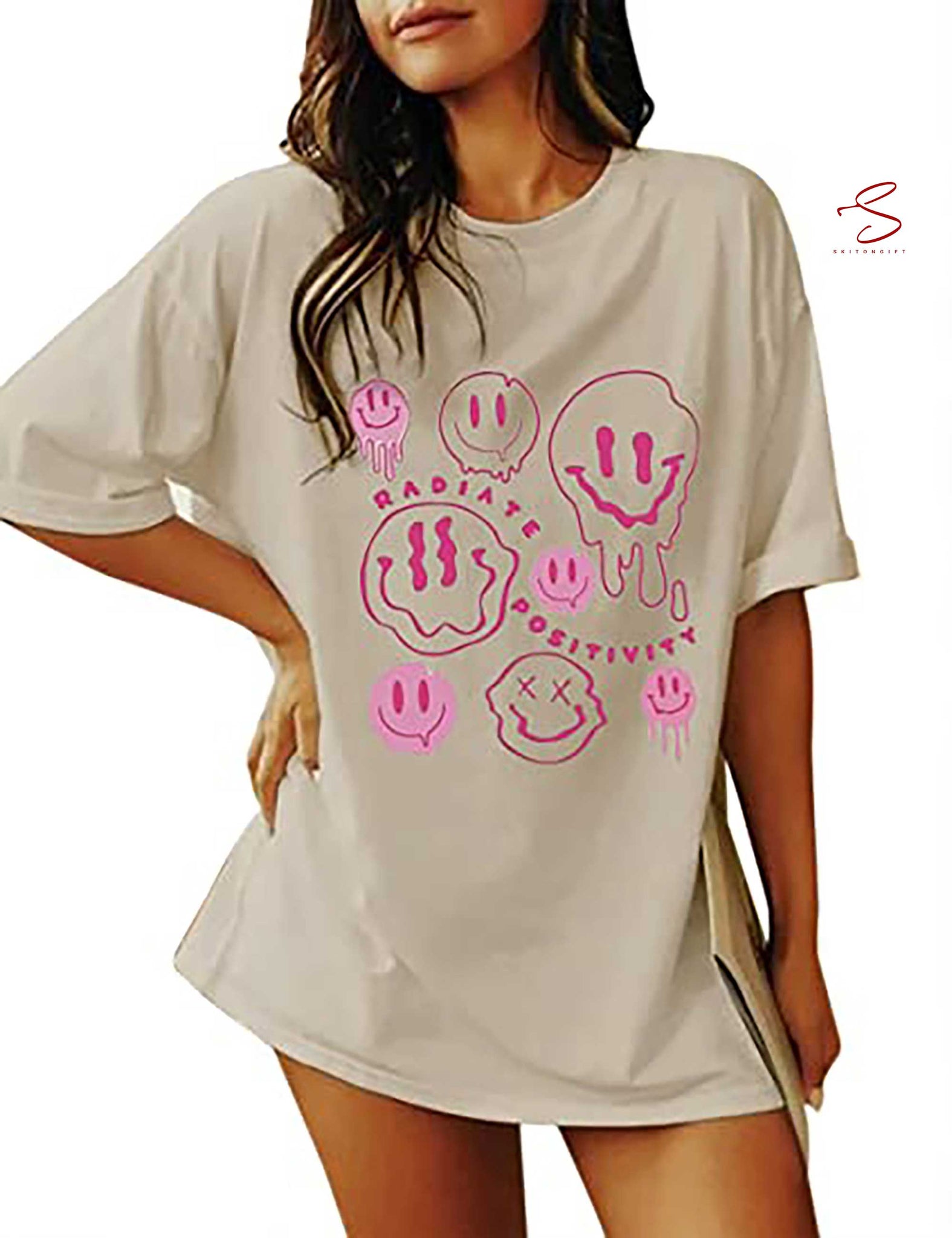 Skitongift Women Oversized Funny Smiles Graphic Letter Print T Shirt Summer Casual Tee Tops