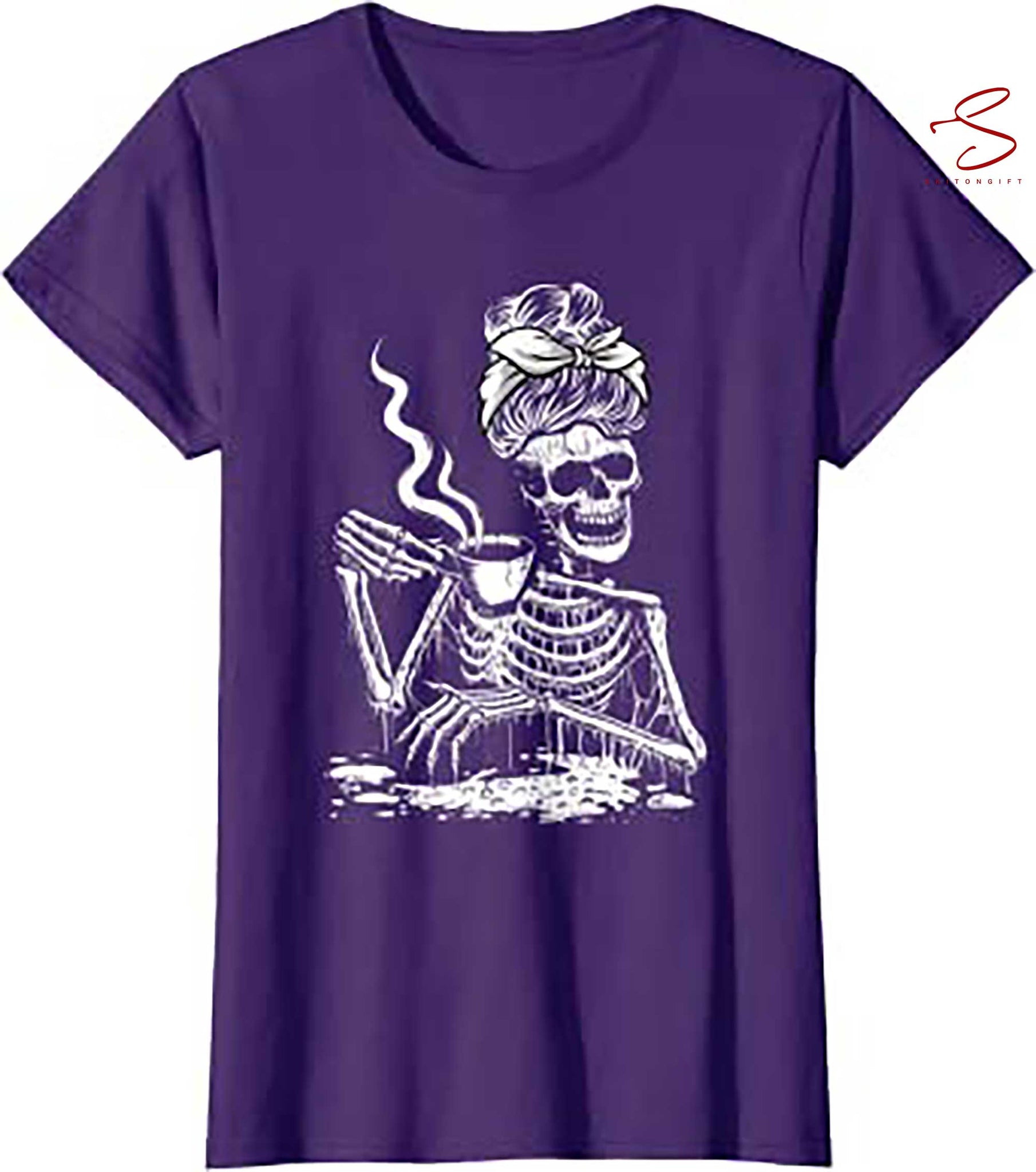 Skitongift Womens Coffee Drinking Skeleton Lazy Diy Halloween Costume Women T Shirt