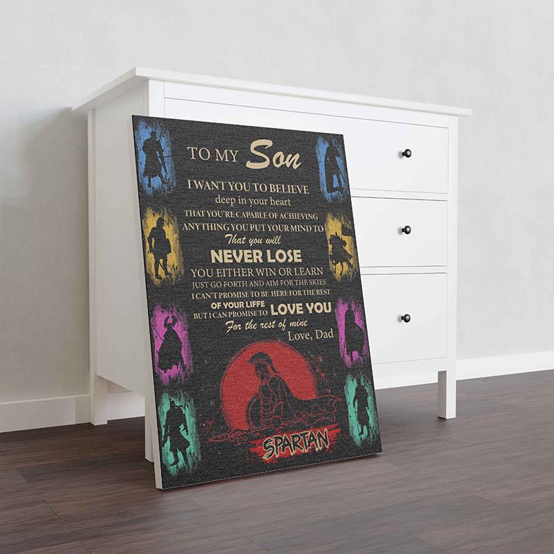 Skitongifts Wall Decoration, Home Decor, Decoration Room Spartan Dad To Son To My Son Never Lose-TT0401
