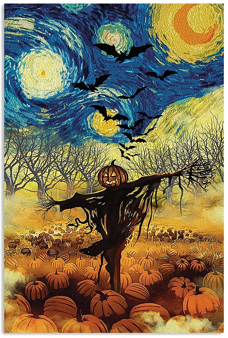 Starry Night With Scarecrow Pumpkins Field Halloween Theme