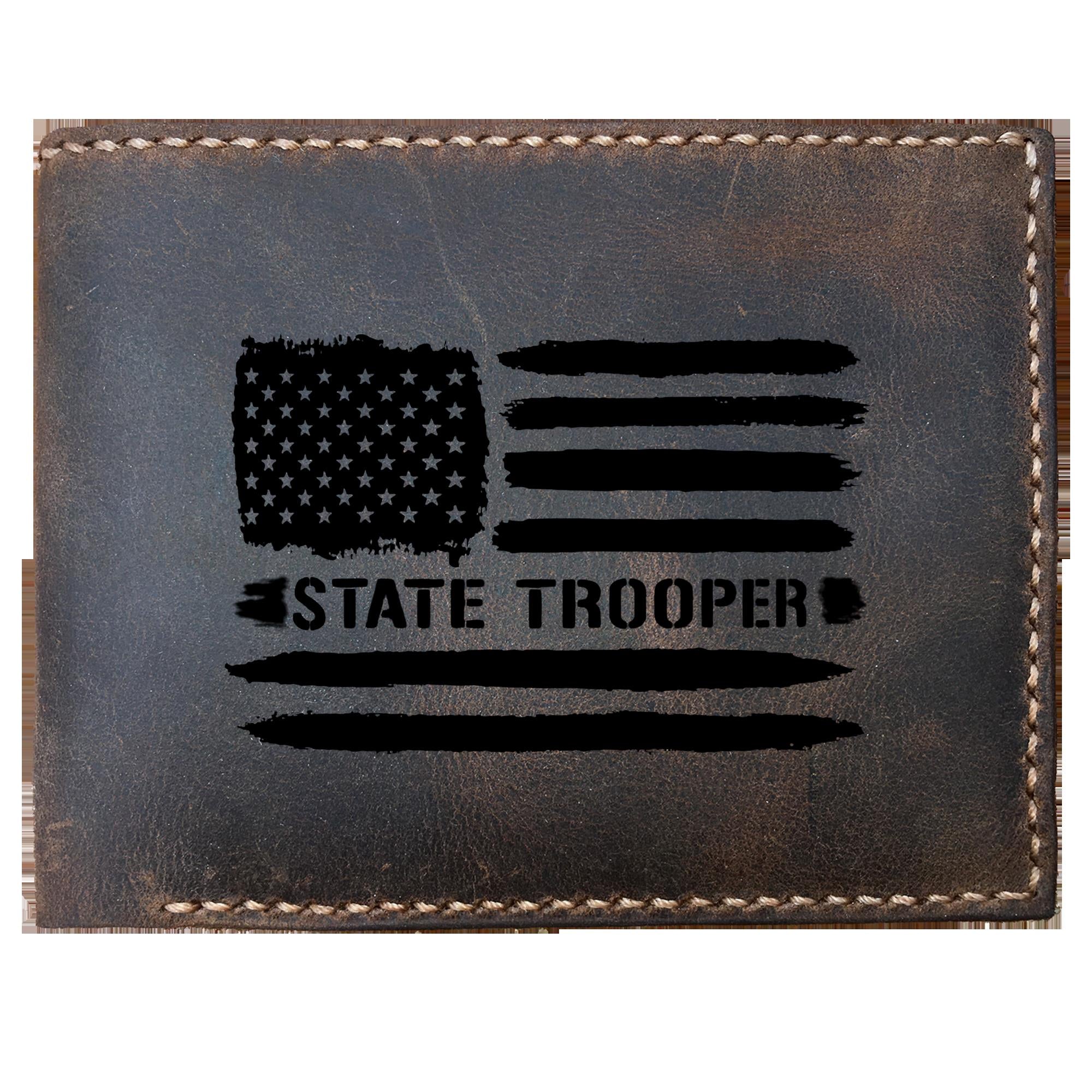 Skitongifts Funny Custom Laser Engraved Bifold Leather Wallet For Men, State Trooper American Flag Patriotic Trooper Cop Law Enforcement Officer