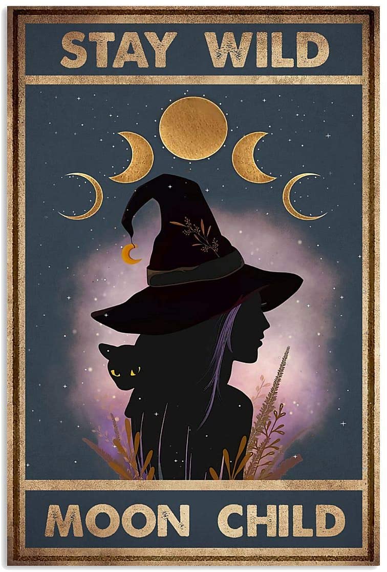 Stay Wild Moon Child Black Cat Witch Hat Silhouette Moon Phase