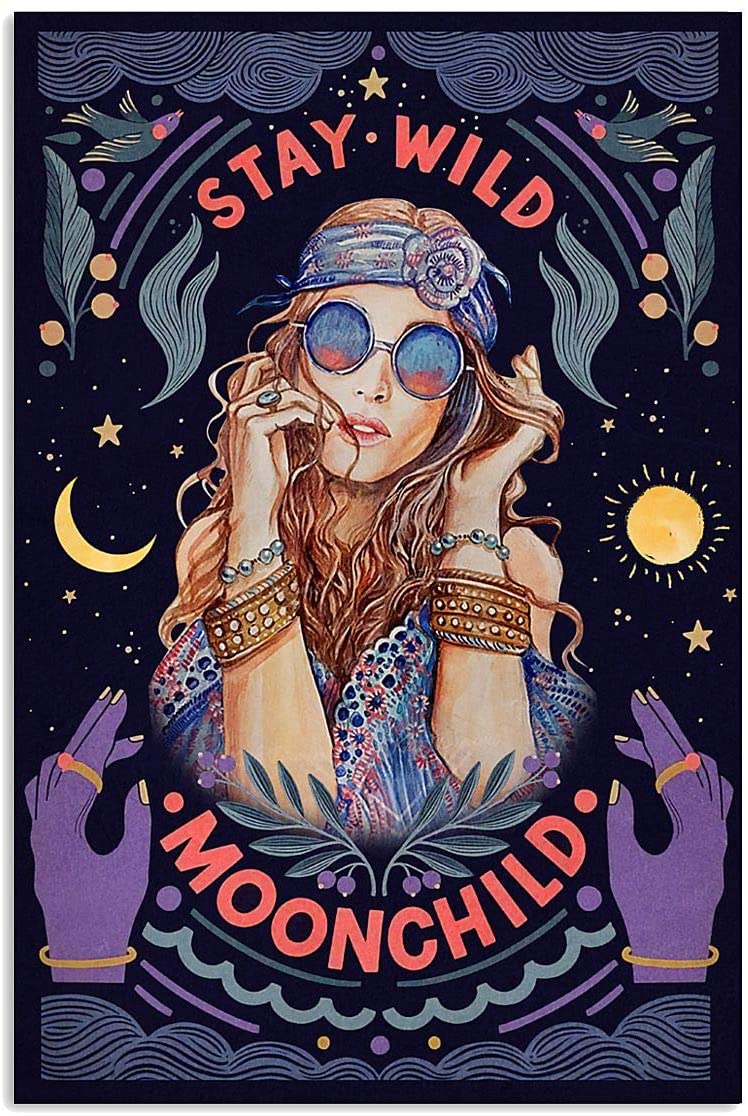 Stay Wild Moon Child Motivation Quote Hippie Girl Woman Turban Purple Vintage