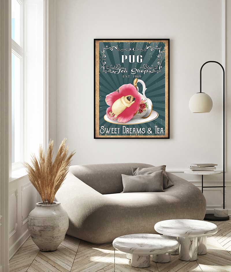 Skitongifts Wall Decoration, Home Decor, Decoration Room Tea Shop Sweet Dreams And TeaDog Pug-VT0907