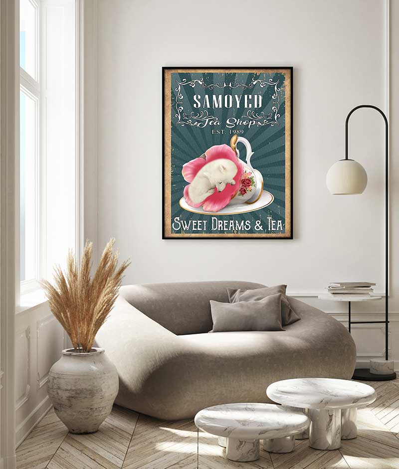 Skitongifts Wall Decoration, Home Decor, Decoration Room Tea Shop Sweet Dreams And TeaDog Samoyed-VT0907