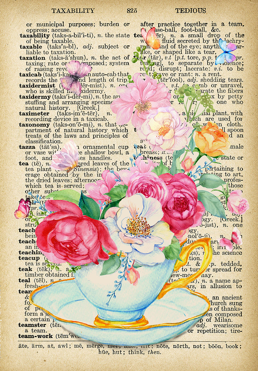 Tea Cup with Flowers Upcycled Vintage Dictionary Art TT3107