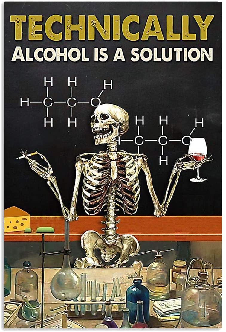 Technically Alcohol Is Solution Skull Skeleton Cigarette Wine Glass Funny Halloween Vintage