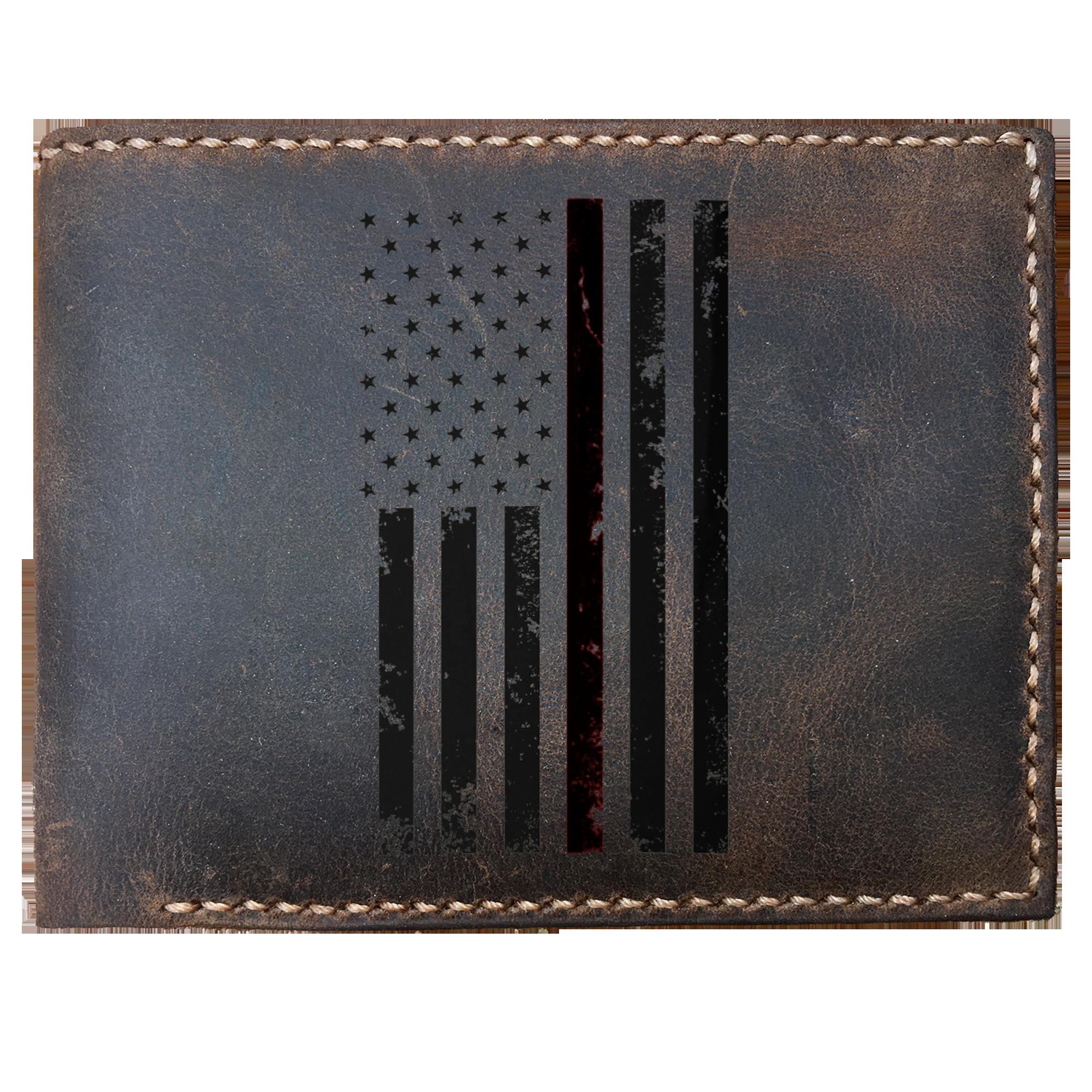 Skitongifts Funny Custom Laser Engraved Bifold Leather Wallet For Men, Thin Red Line Flag Firefighter Courage