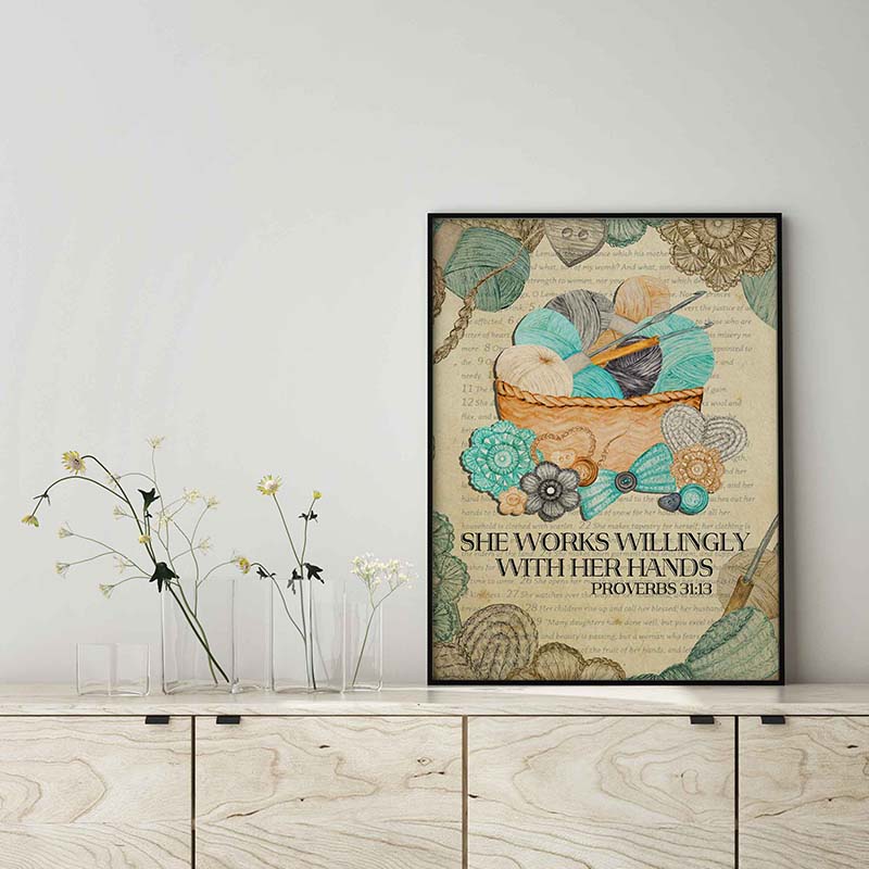 Skitongifts Wall Decoration, Home Decor, Decoration Room Thread Proverbs 31 She Works Willingly With Her Hands TT1203