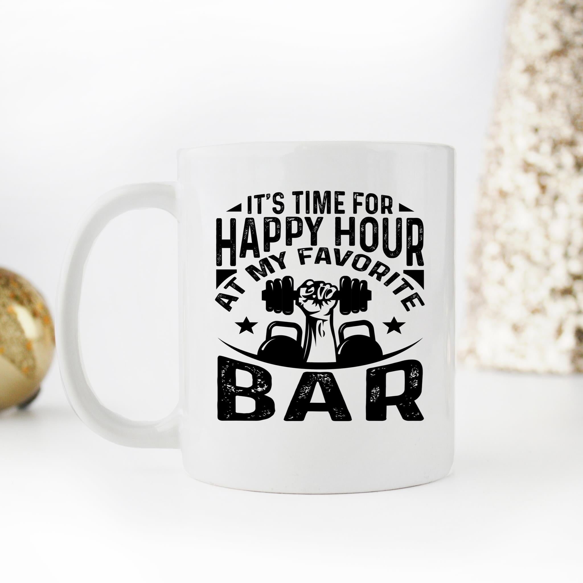 Skitongifts Funny Ceramic Novelty Coffee Mug Time For Happy Hour At My Favorite Bar Powerlifting Funny T3DTkdN