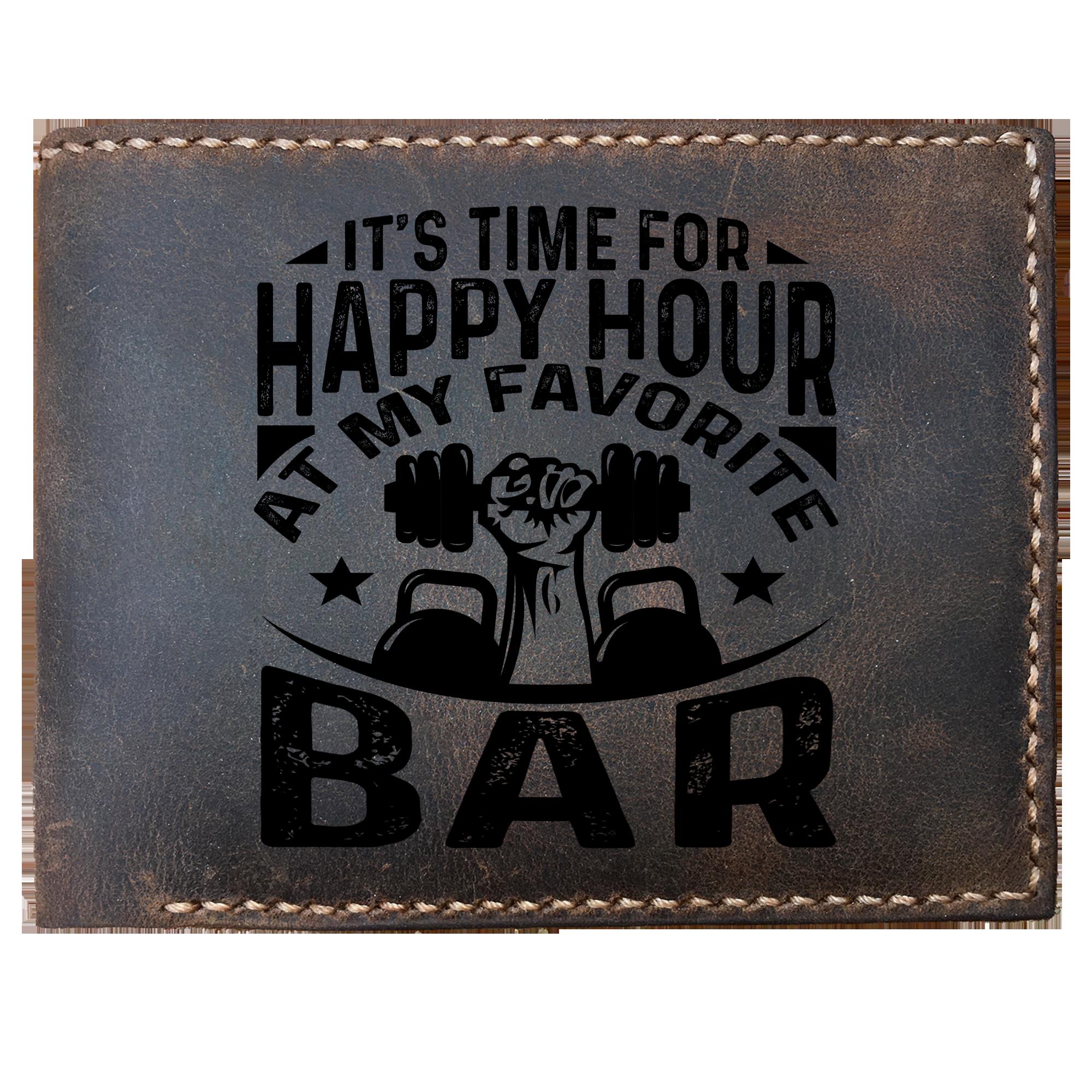 Skitongifts Funny Custom Laser Engraved Bifold Leather Wallet For Men, Time For Happy Hour At My Favorite Bar Powerlifting Funny
