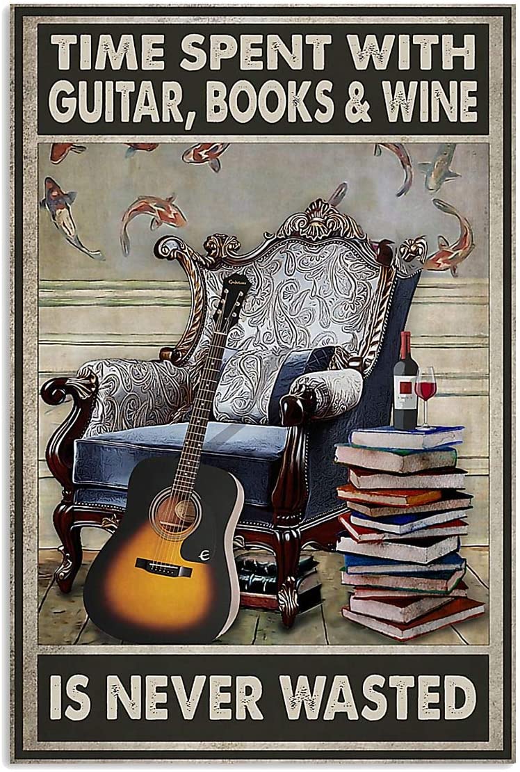 Time Spent With Books Guitar And Wine Never Wasted Armchair Proud Quote Floral Vintage