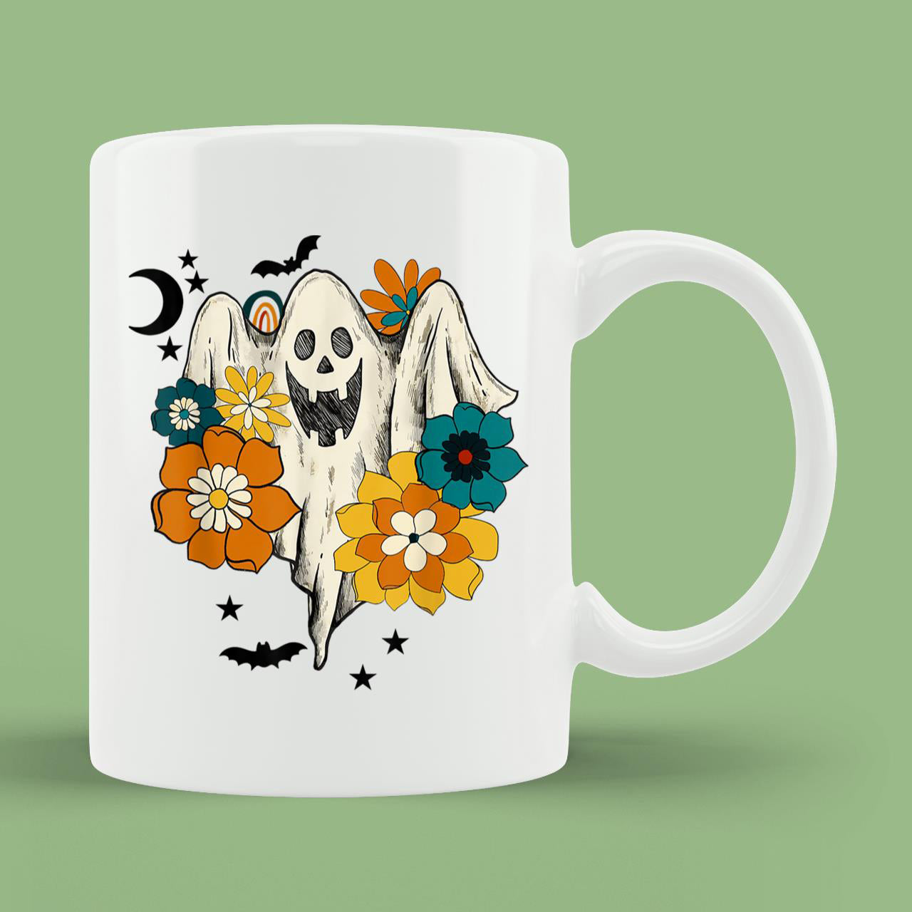 Skitongift Spooky Ceramic Novelty Coffee Mug Vintage Floral Ghost Cute Halloween Spooky Season Mug