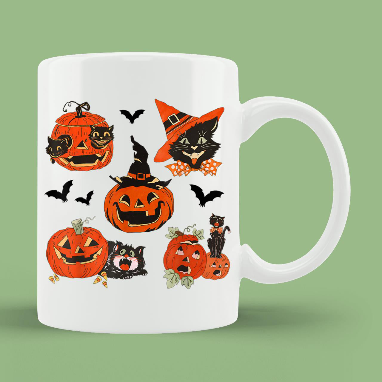 Skitongift Ceramic Novelty Coffee Mug Vintage Spooky Halloween Retro Pumpkins Black Cats Mug