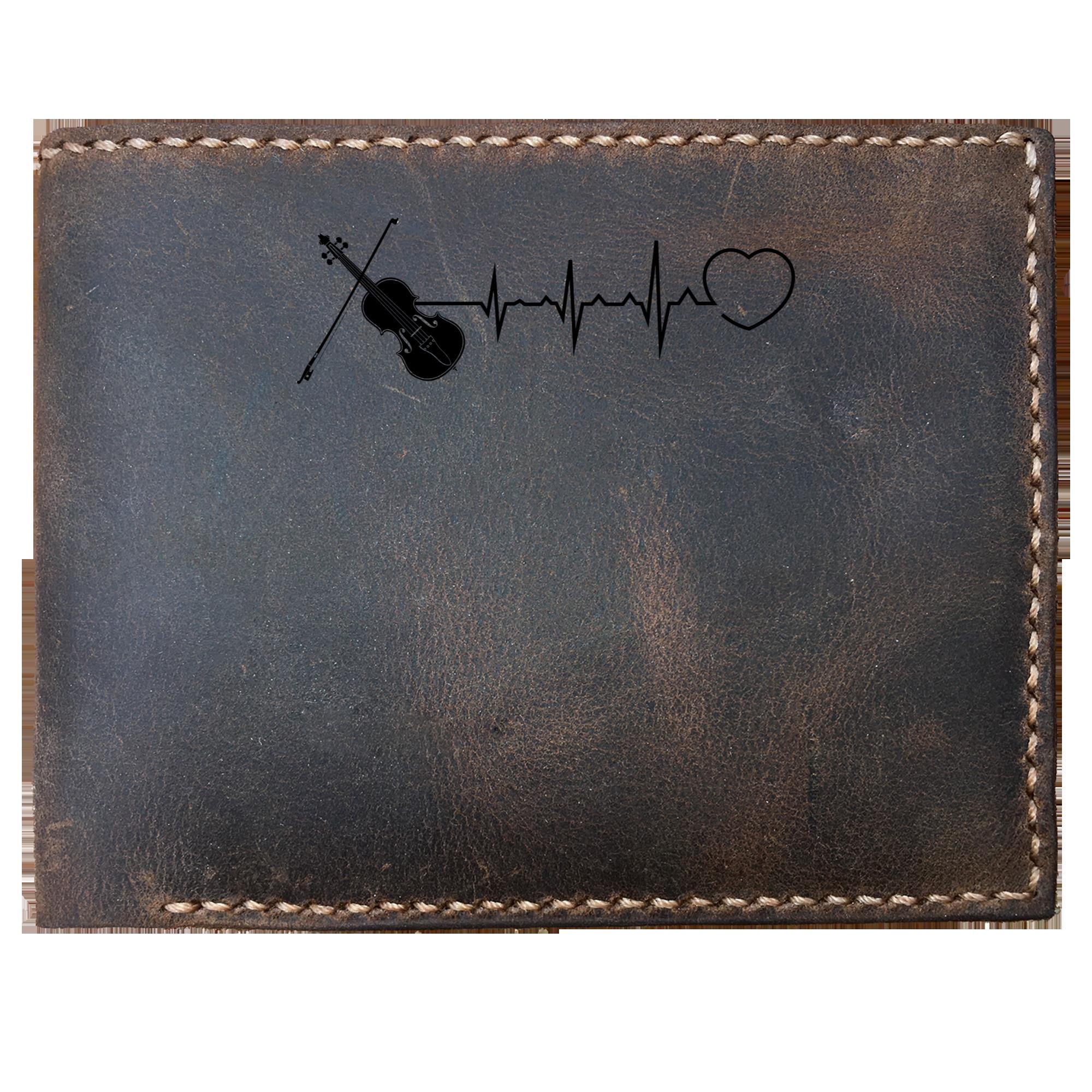 Skitongifts Funny Custom Laser Engraved Bifold Leather Wallet For Men, Violin Heartbeat Nice