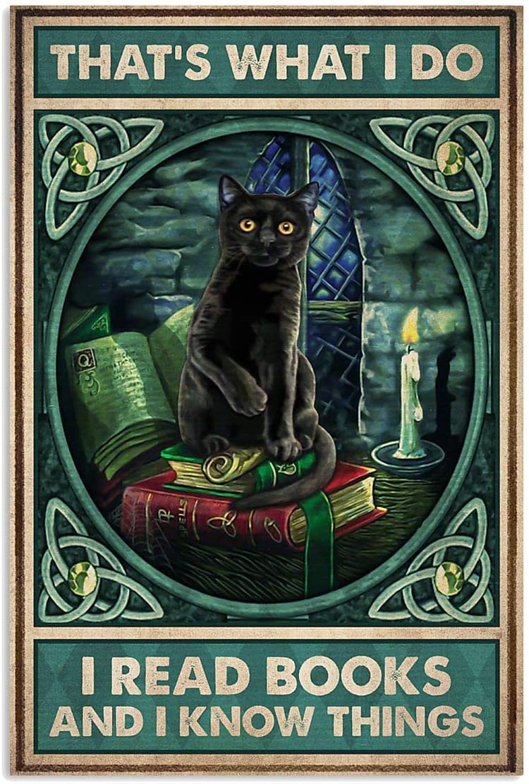 What I Do Read Book Know Thing Black Cat Motivation Hobby Quote Emerald Green Vintage