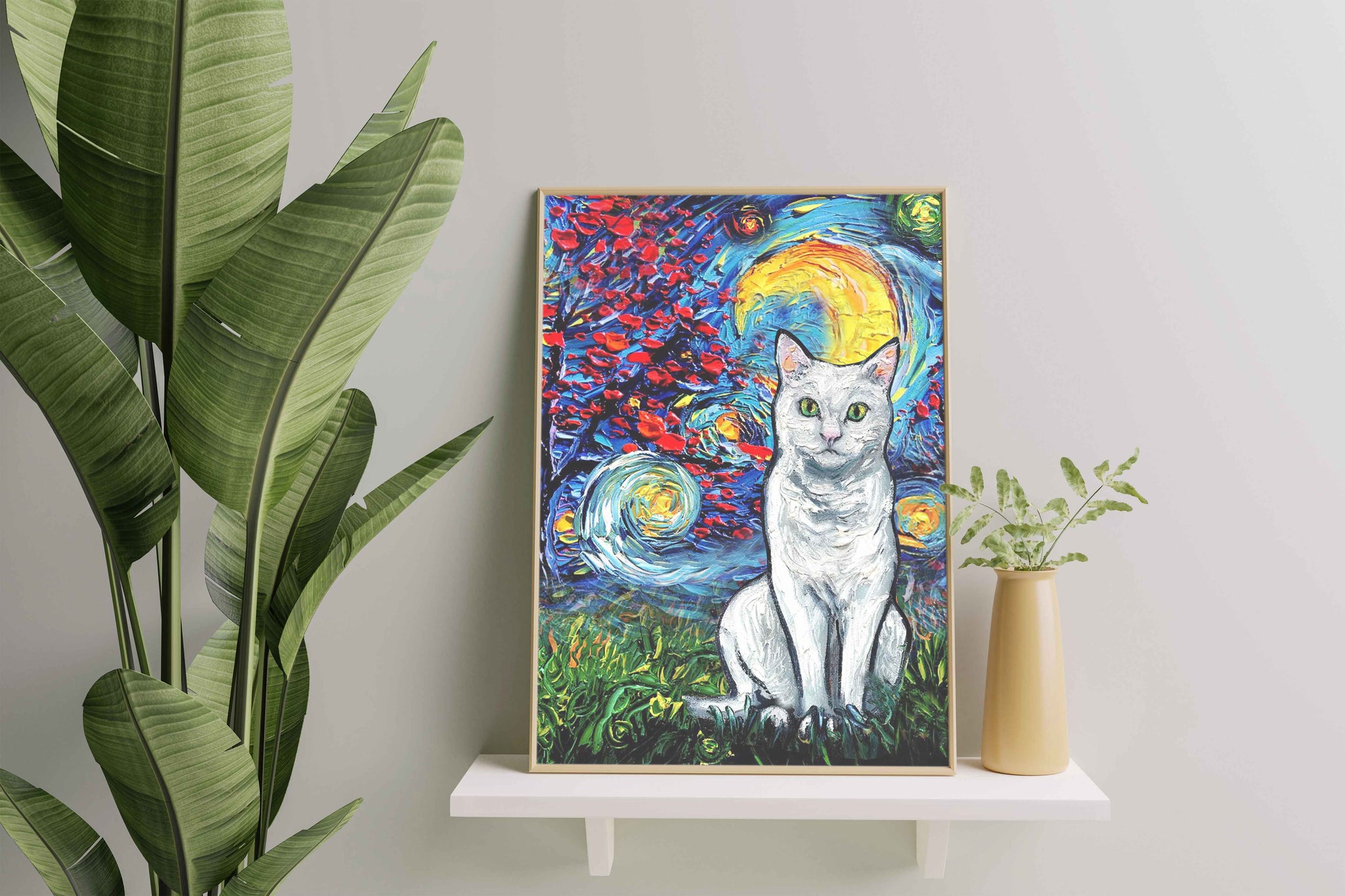 Skitongifts Poster No Frame, Wall Art, Home Decor White Short hair Cat Starry Night Style Halloween-TT1008