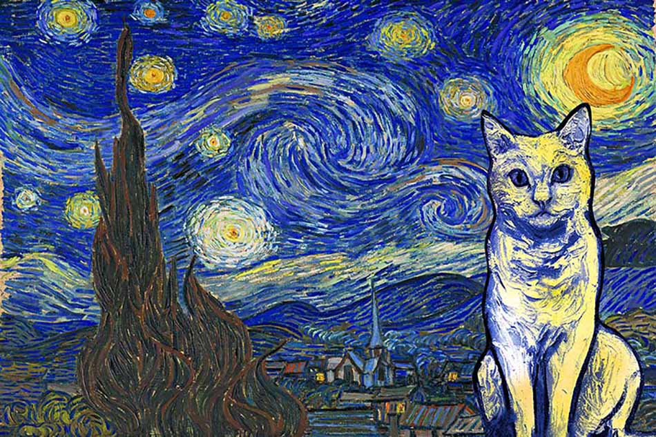 White Short hair Cat Van Gogh Style Starry Night-TT0409