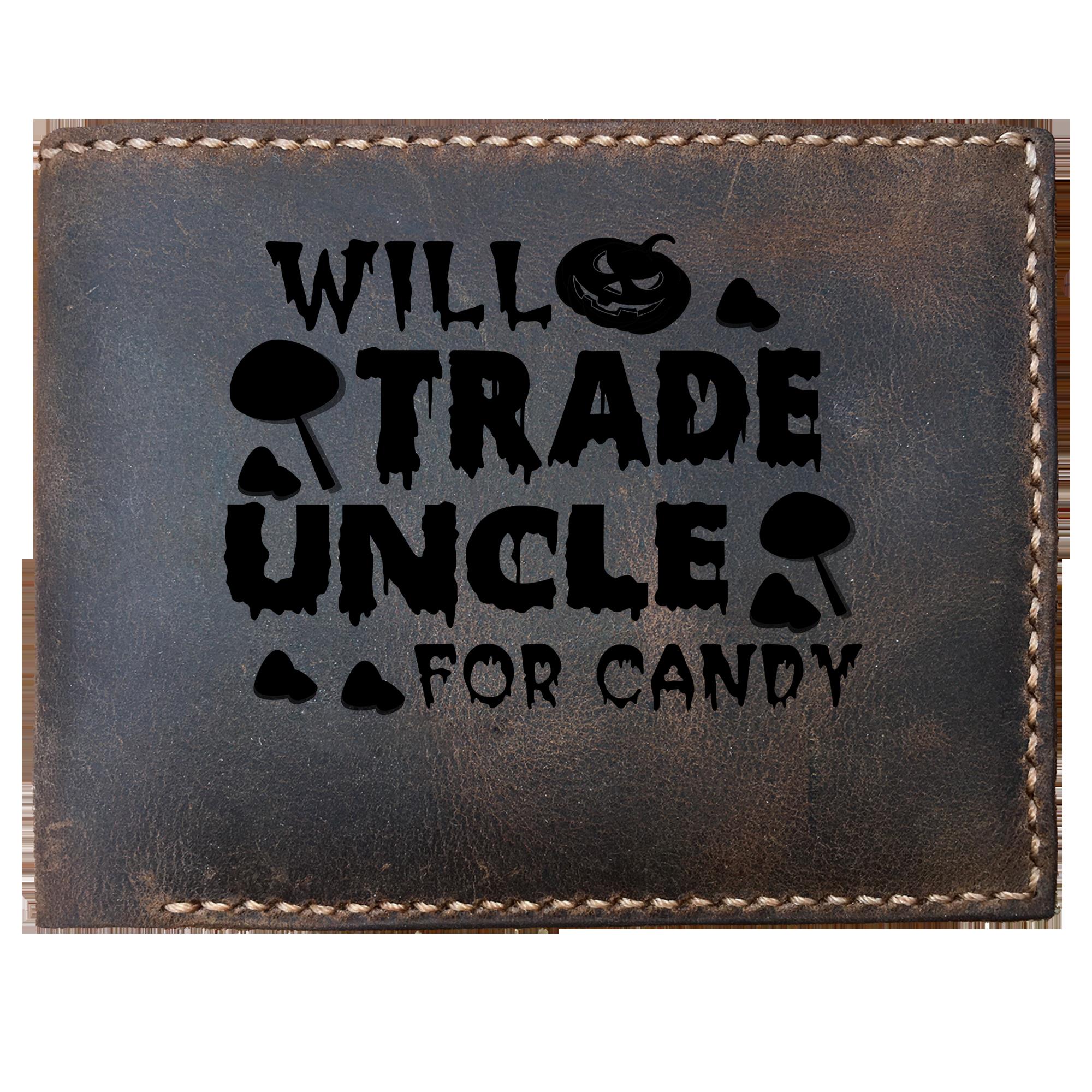 Skitongifts Funny Custom Laser Engraved Bifold Leather Wallet For Men, Will Trade Uncle For Candy Corn Funny Halloween
