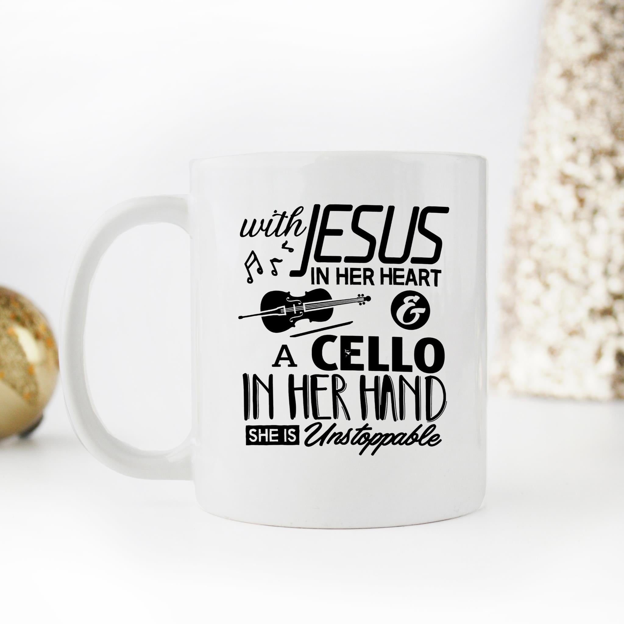 Skitongifts Funny Ceramic Novelty Coffee Mug With Jesus In Her Heart Cello In Her Hand Marching Band Cello Player Idea For Teacher Students